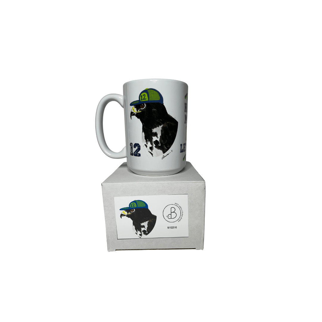 Go Hawks Mug – 15oz Coffee Cup with Hawk and 12 Hat – PNW Fan Gift - Squirrellyartmama
