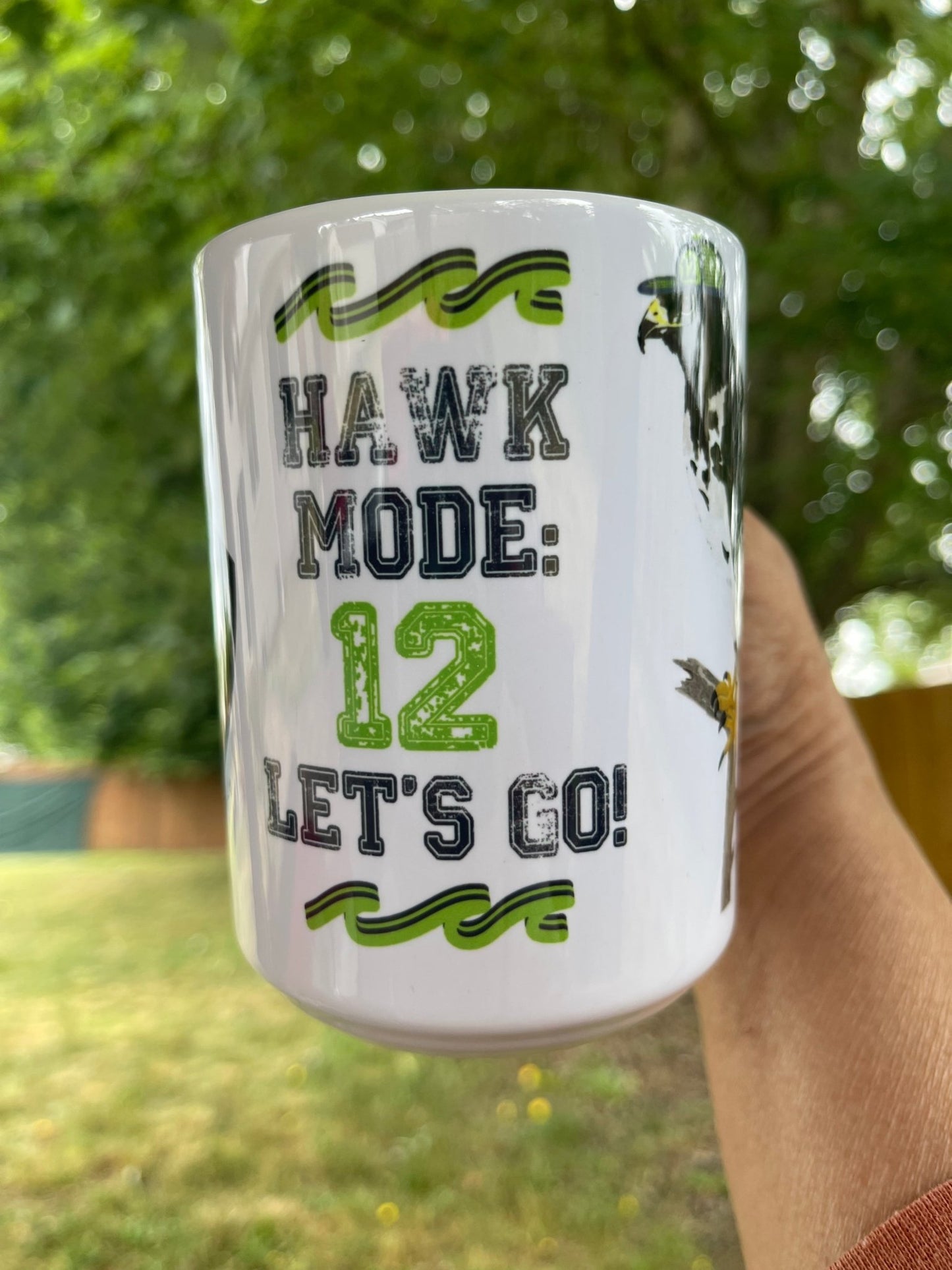 Go Hawks Mug – 15oz Coffee Cup with Hawk and 12 Hat – PNW Fan Gift - Squirrellyartmama