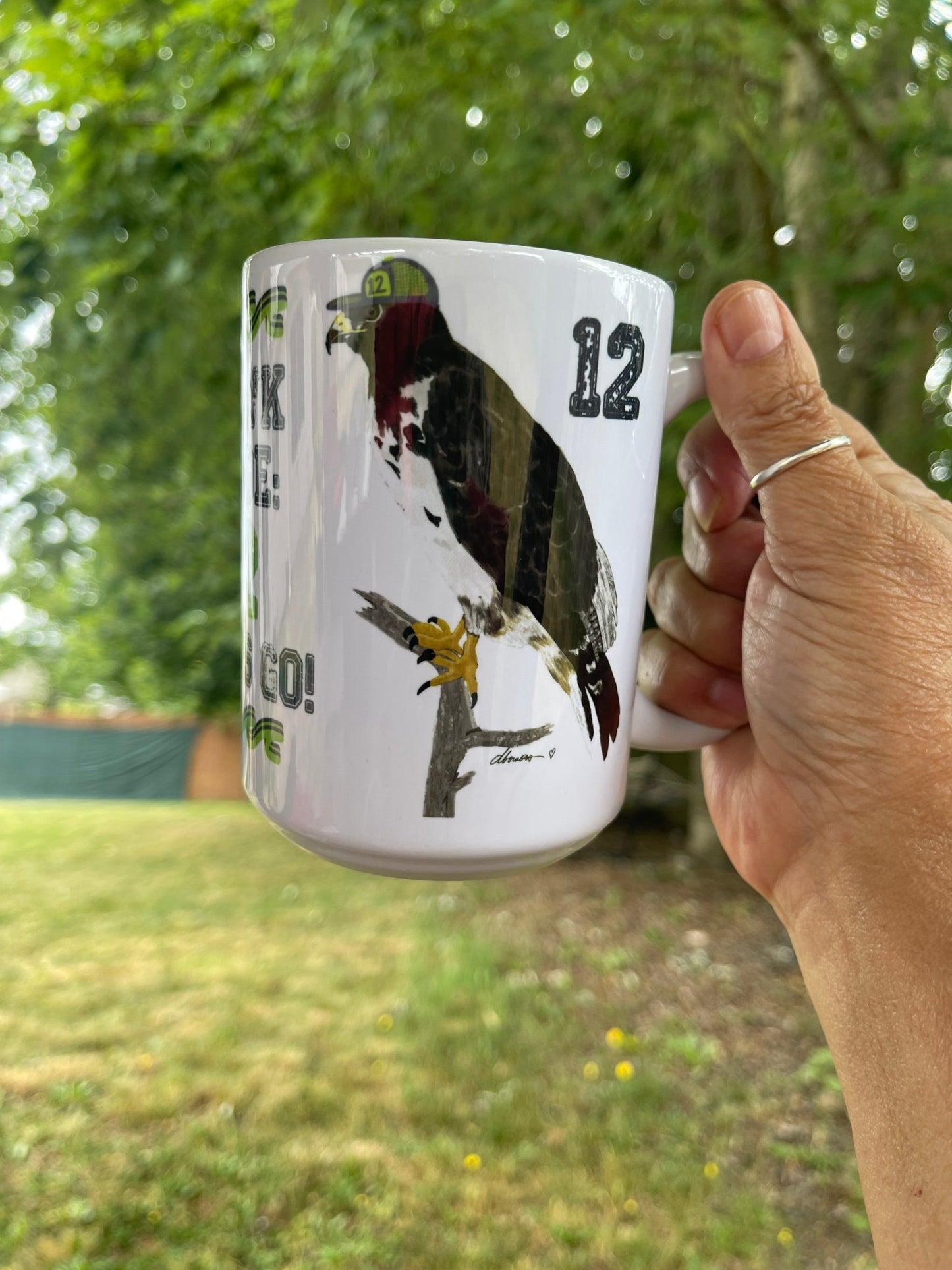 Go Hawks Mug – 15oz Coffee Cup with Hawk and 12 Hat – PNW Fan Gift - Squirrellyartmama