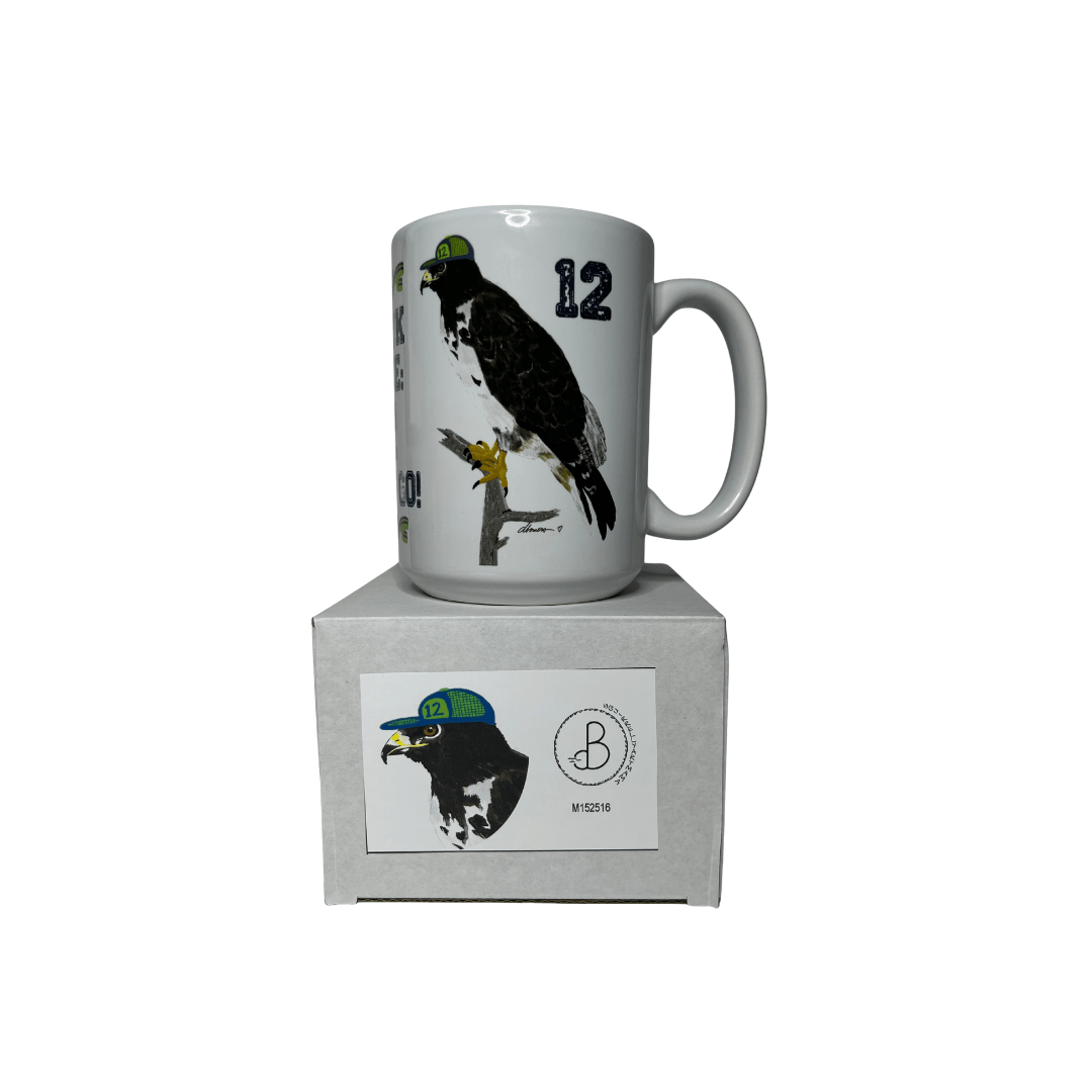Go Hawks Mug – 15oz Coffee Cup with Hawk and 12 Hat – PNW Fan Gift - Squirrellyartmama