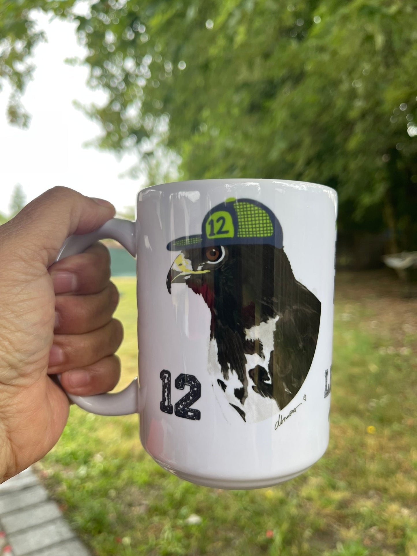 Go Hawks Mug – 15oz Coffee Cup with Hawk and 12 Hat – PNW Fan Gift - Squirrellyartmama