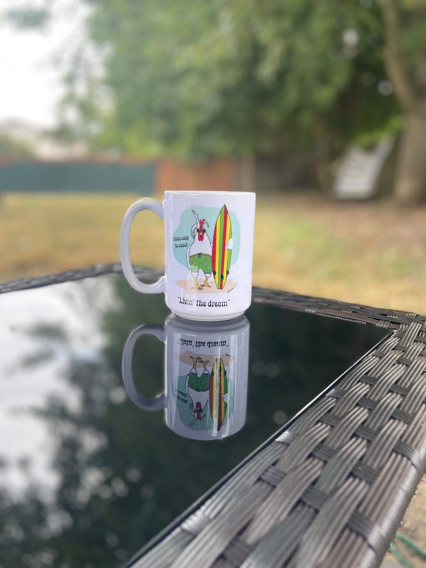 Living the Dream Rooster Mug – 15oz Surf Mug – From Coop to Coast - Squirrellyartmama