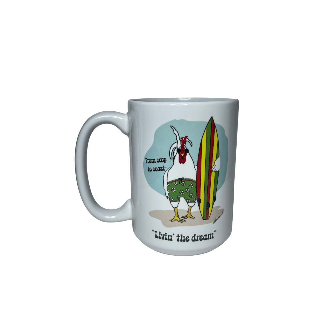 Living the Dream Rooster Mug – 15oz Surf Mug – From Coop to Coast - Squirrellyartmama