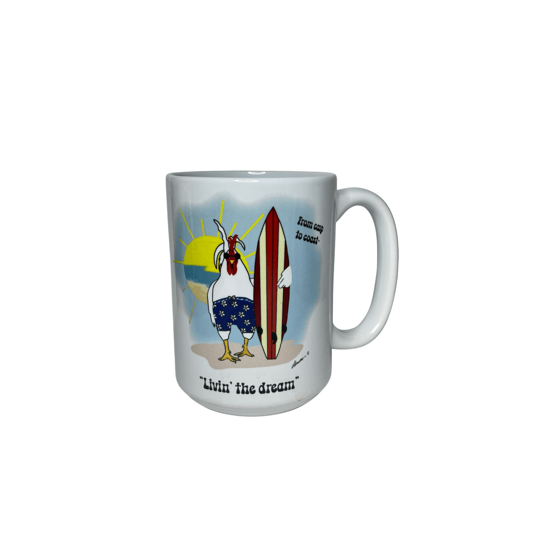 Living the Dream Rooster Mug – 15oz Surf Mug – From Coop to Coast - Squirrellyartmama