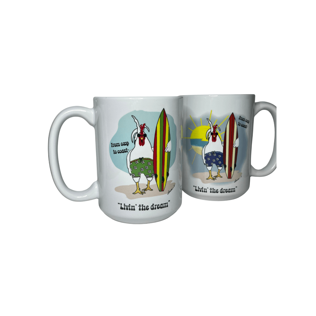 Living the Dream Rooster Mug – 15oz Surf Mug – From Coop to Coast - Squirrellyartmama