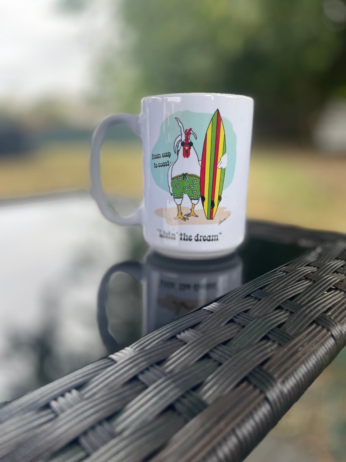 Living the Dream Rooster Mug – 15oz Surf Mug – From Coop to Coast - Squirrellyartmama