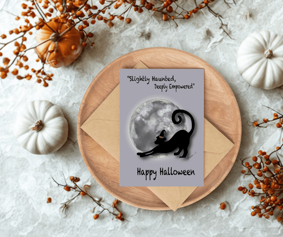 Manifestation Halloween Card – A2 Witchy Black Cat Greeting Card with Moon and Bird – You Can Call It Mischief Quote - Squirrellyartmama