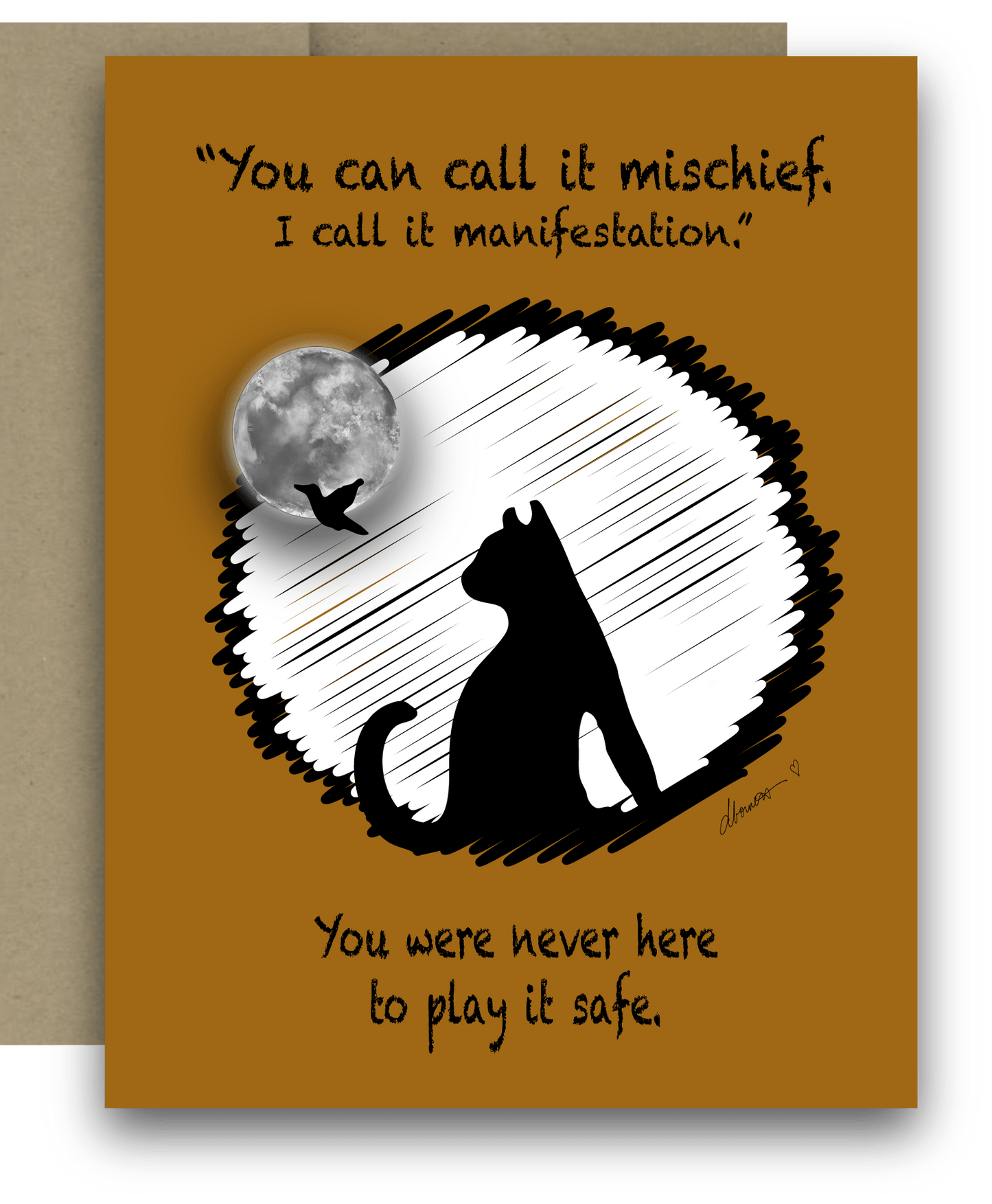 Manifestation Halloween Card – A2 Witchy Black Cat Greeting Card with Moon and Bird – You Can Call It Mischief Quote - Squirrellyartmama