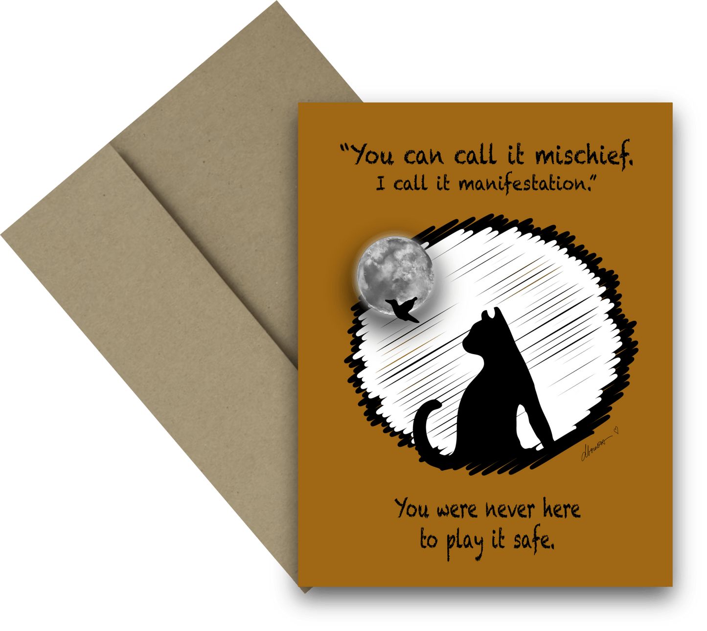 Manifestation Halloween Card – A2 Witchy Black Cat Greeting Card with Moon and Bird – You Can Call It Mischief Quote - Squirrellyartmama