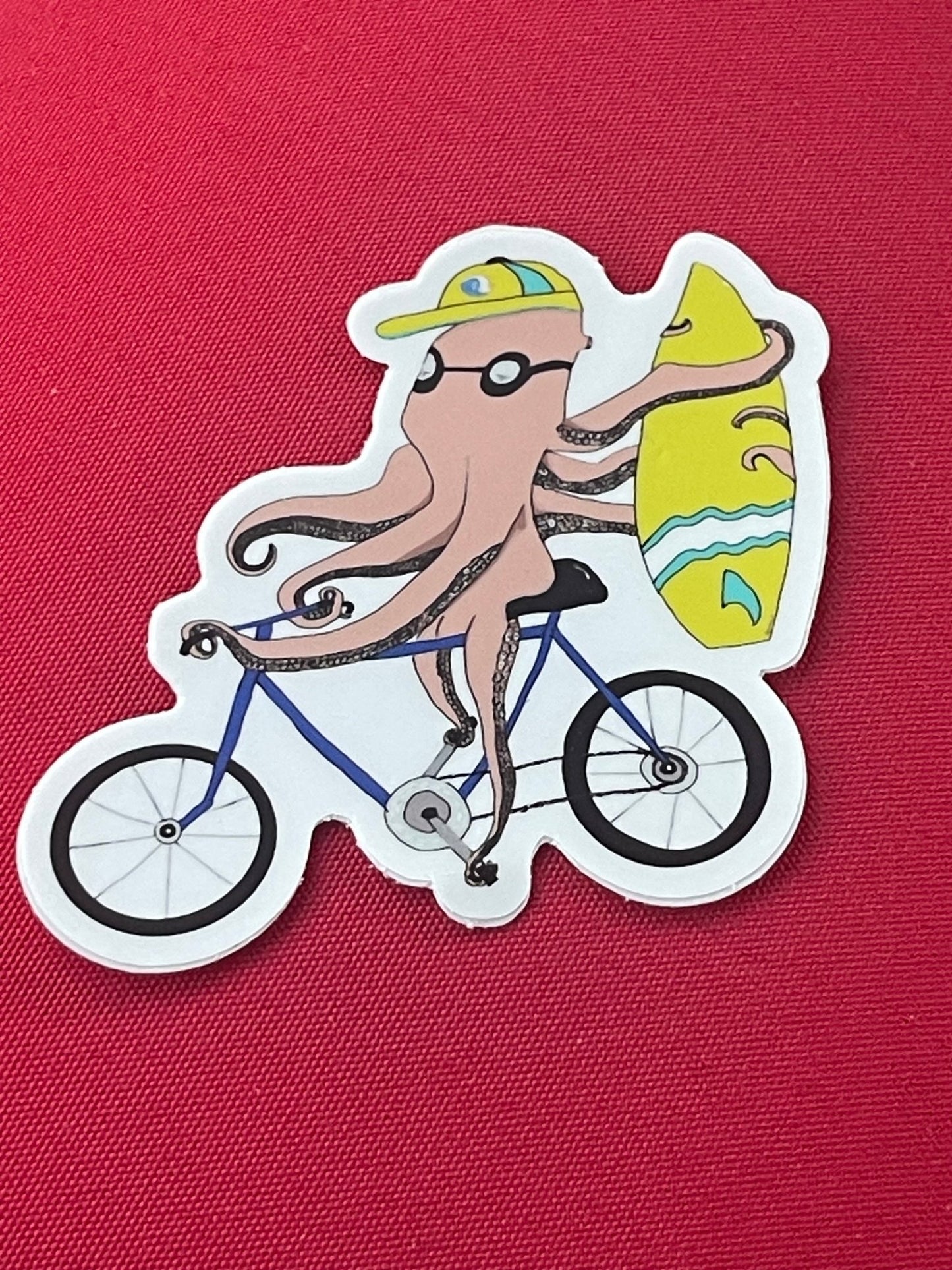 Octopus Riding Bike with Surfboard Vinyl Sticker - Funny Ocean Adventure Decal for Surfers & Cyclists - Color Crumbs Club