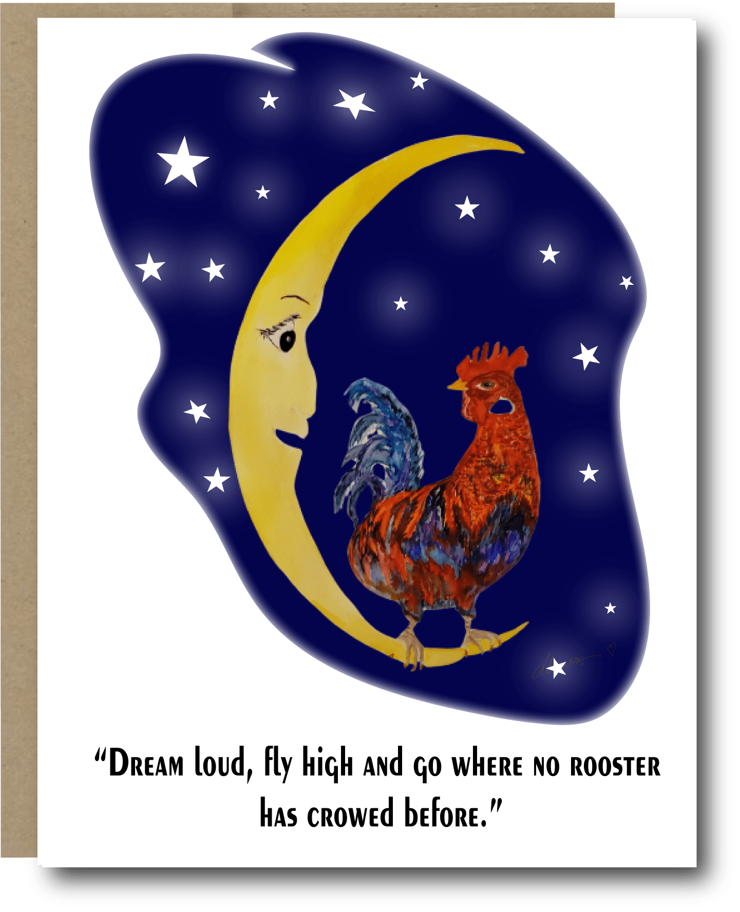 Rooster crow to the Moon Greeting Card - Blank Note Card - Squirrellyartmama