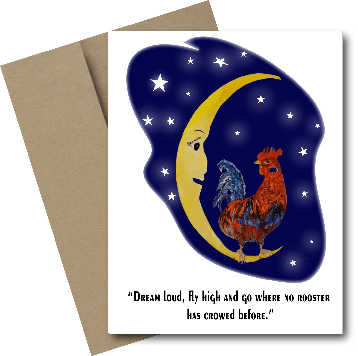 Rooster crow to the Moon Greeting Card - Blank Note Card - Squirrellyartmama