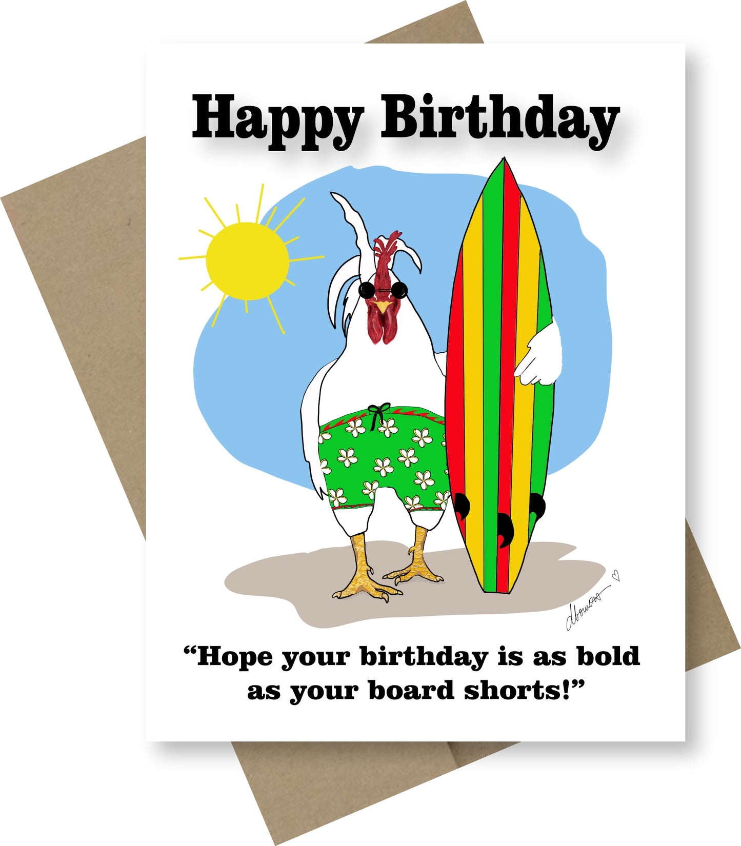 Surfs Up Birthday Bird Greeting Card - Blank Note Card - Squirrellyartmama