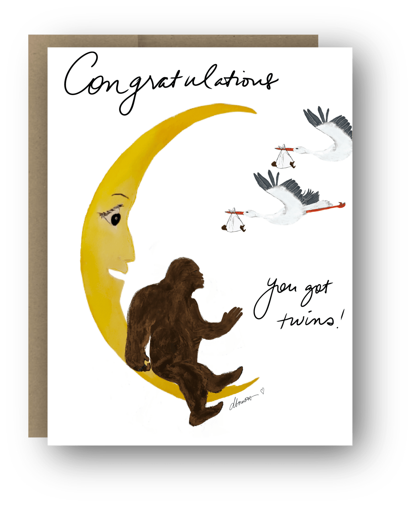 Twins Congratulations Card – Bigfoot on Crescent Moon with Two Flying Storks – You Got Twins Greeting Card - Squirrellyartmama