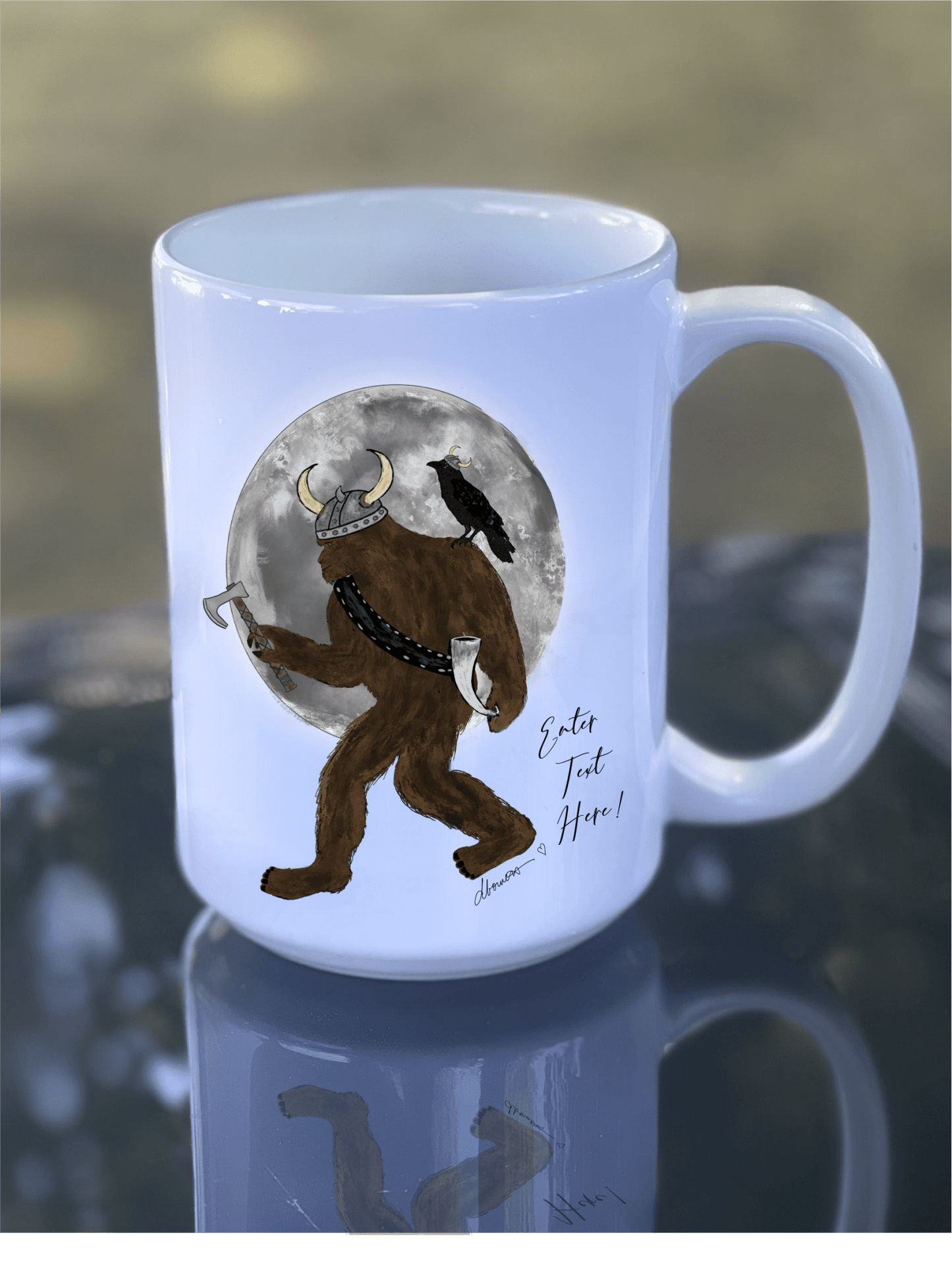 Viking Bigfoot and Crow 15 oz Ceramic Mug – Full Moon Axe Adventure - Squirrellyartmama