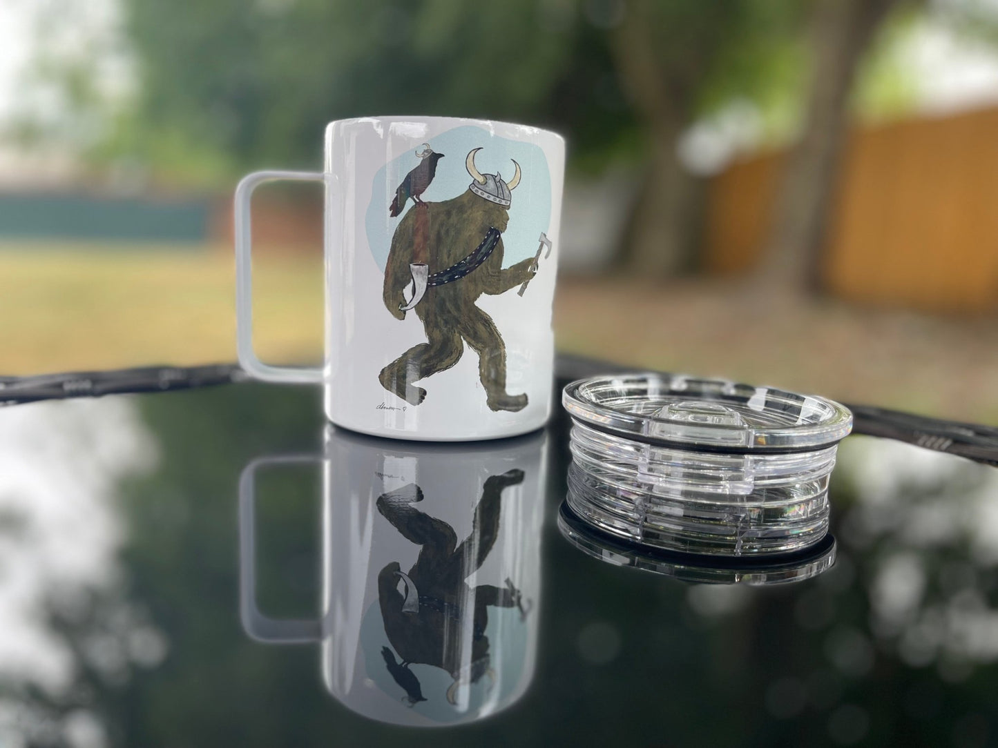Viking Bigfoot Camp Mug – 12oz Aluminum Mug with Crow & Axe - Squirrellyartmama
