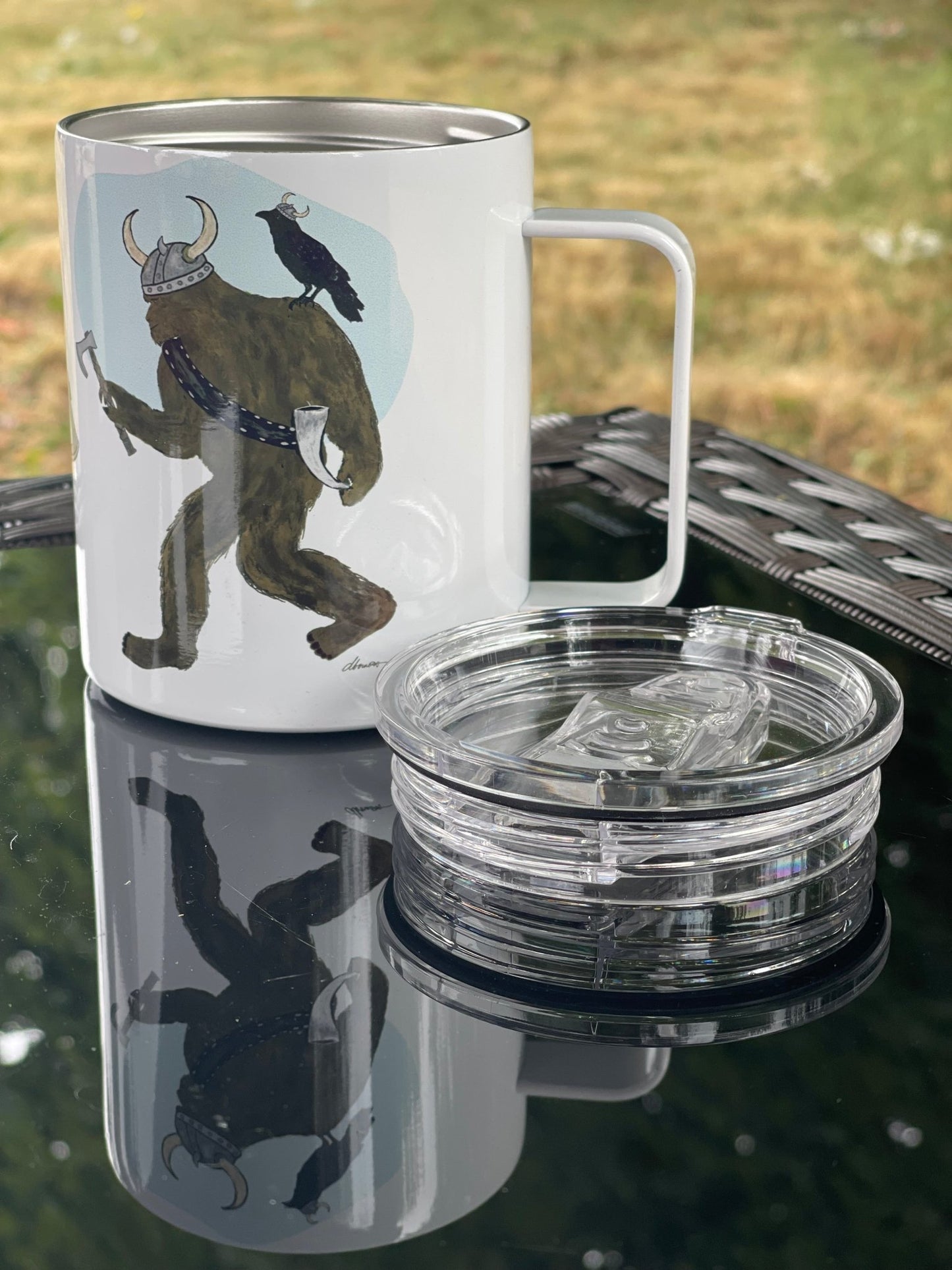 Viking Bigfoot Camp Mug – 12oz Aluminum Mug with Crow & Axe - Squirrellyartmama