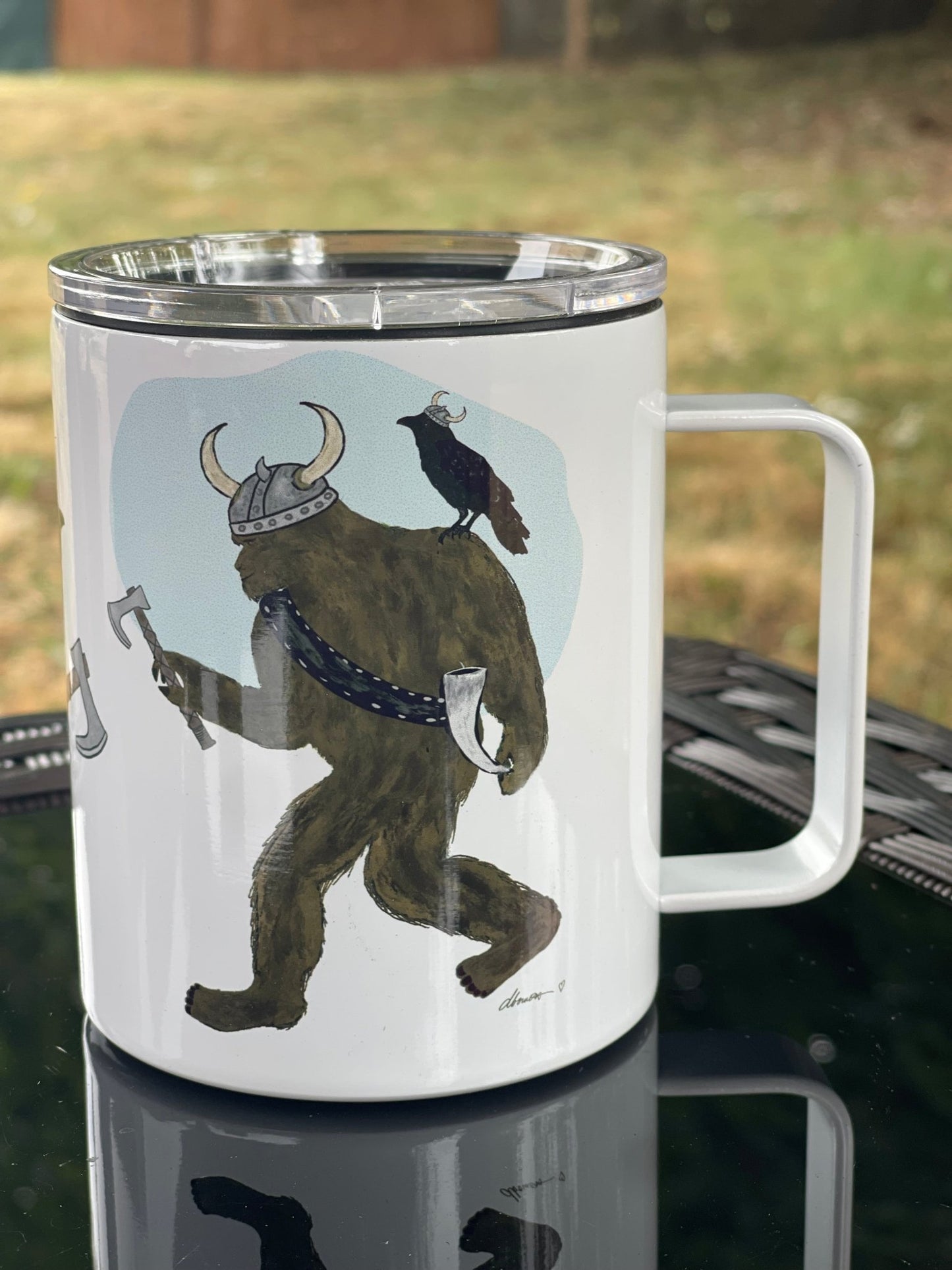 Viking Bigfoot Camp Mug – 12oz Aluminum Mug with Crow & Axe - Squirrellyartmama
