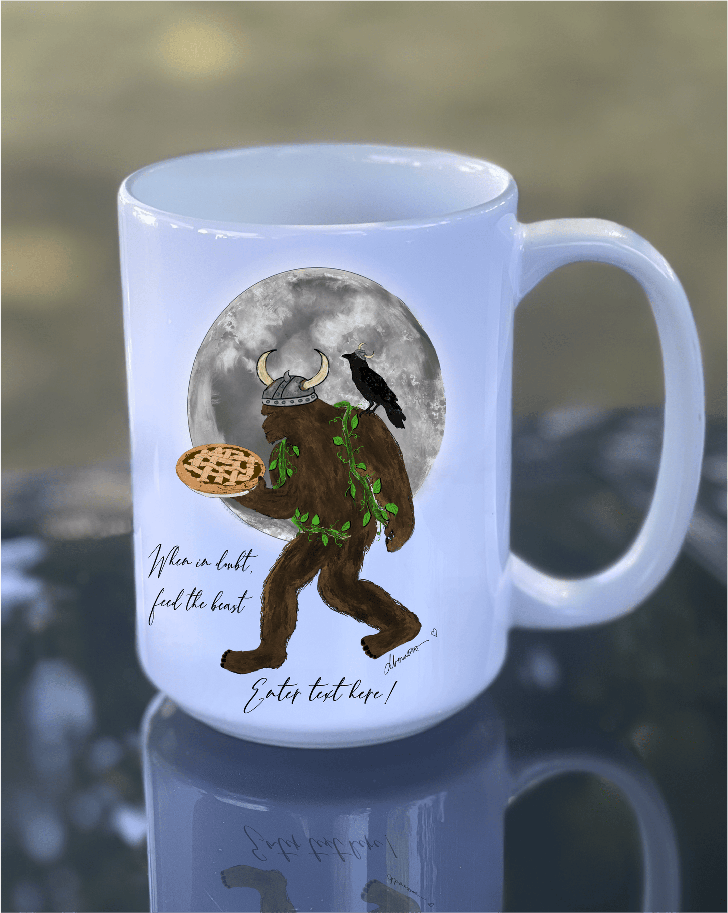 Viking Bigfoot Mug with Meat Pie and Crow – 15 oz Ceramic Full Moon Mug - Squirrellyartmama