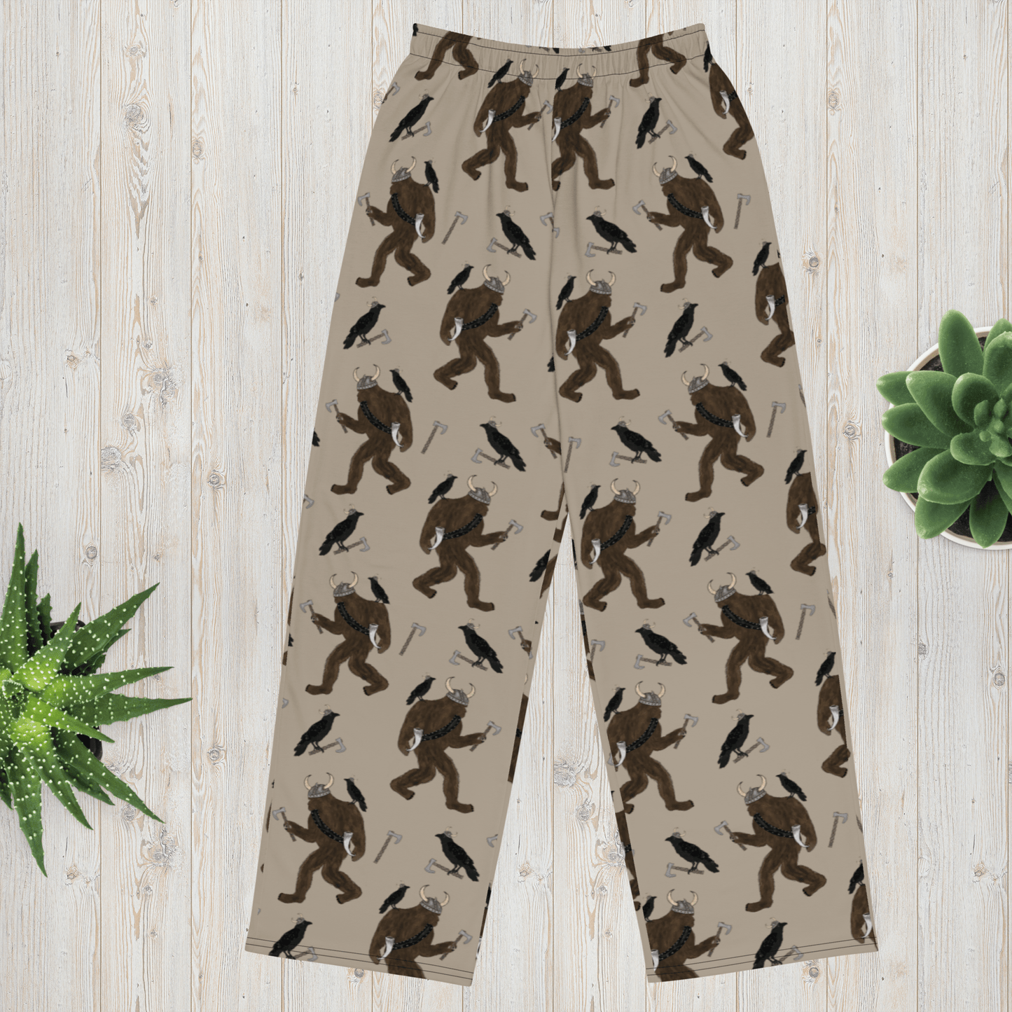 Viking Bigfoot Pajama Pants – Nordic Sasquatch & Crow Lounge Pants for Men & Women - Squirrellyartmama