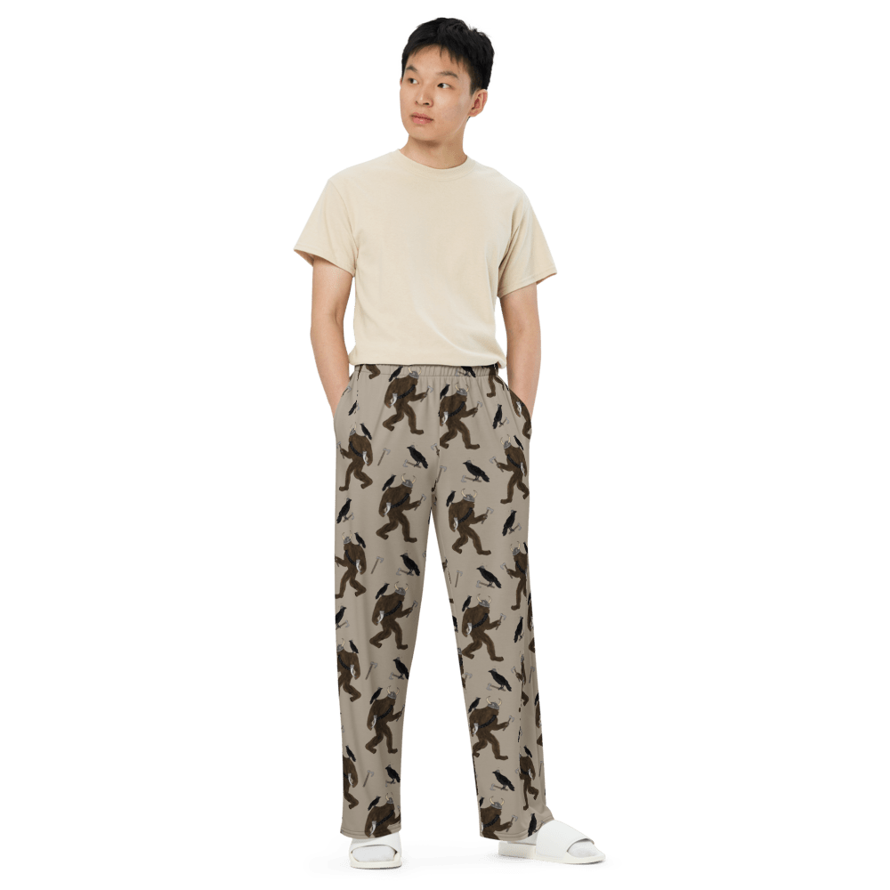 Viking Bigfoot Pajama Pants – Nordic Sasquatch & Crow Lounge Pants for Men & Women - Squirrellyartmama