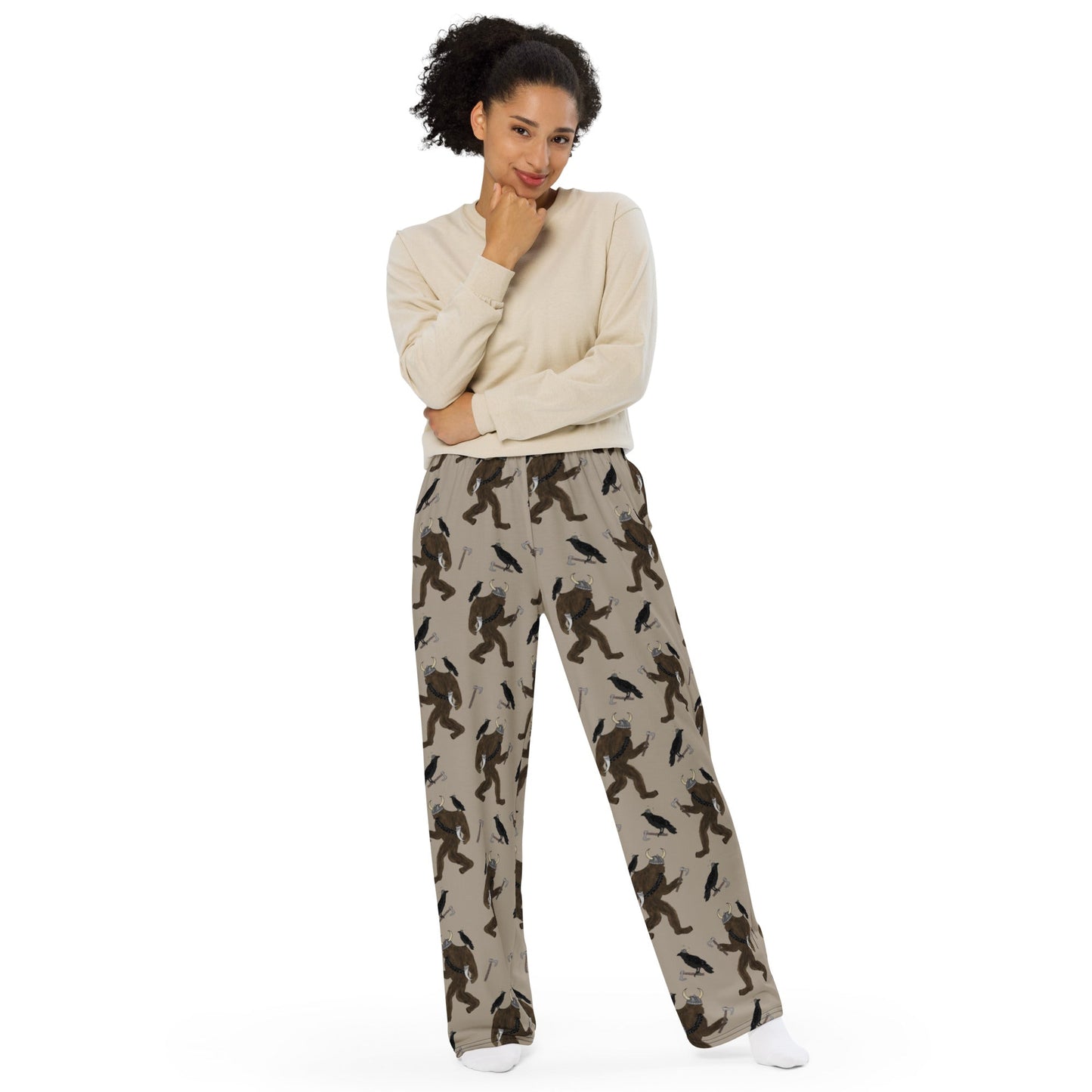 Viking Bigfoot Pajama Pants – Nordic Sasquatch & Crow Lounge Pants for Men & Women - Squirrellyartmama