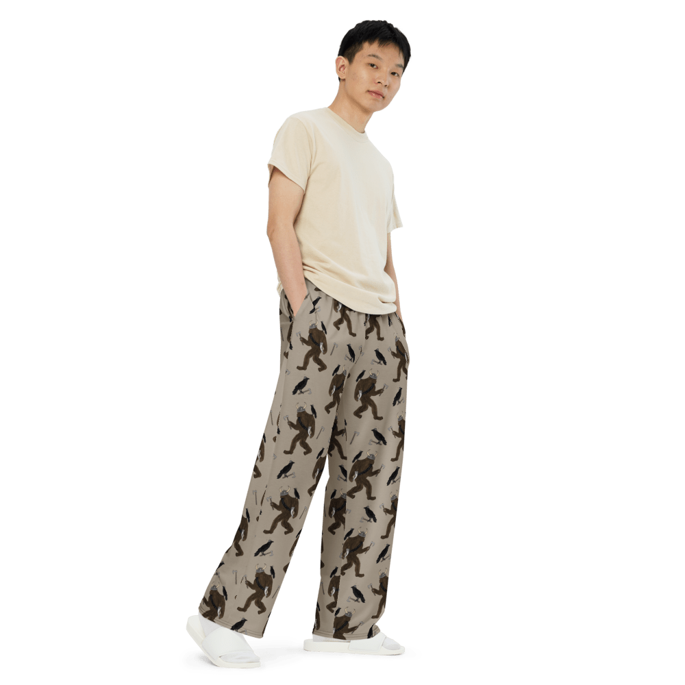 Viking Bigfoot Pajama Pants – Nordic Sasquatch & Crow Lounge Pants for Men & Women - Squirrellyartmama