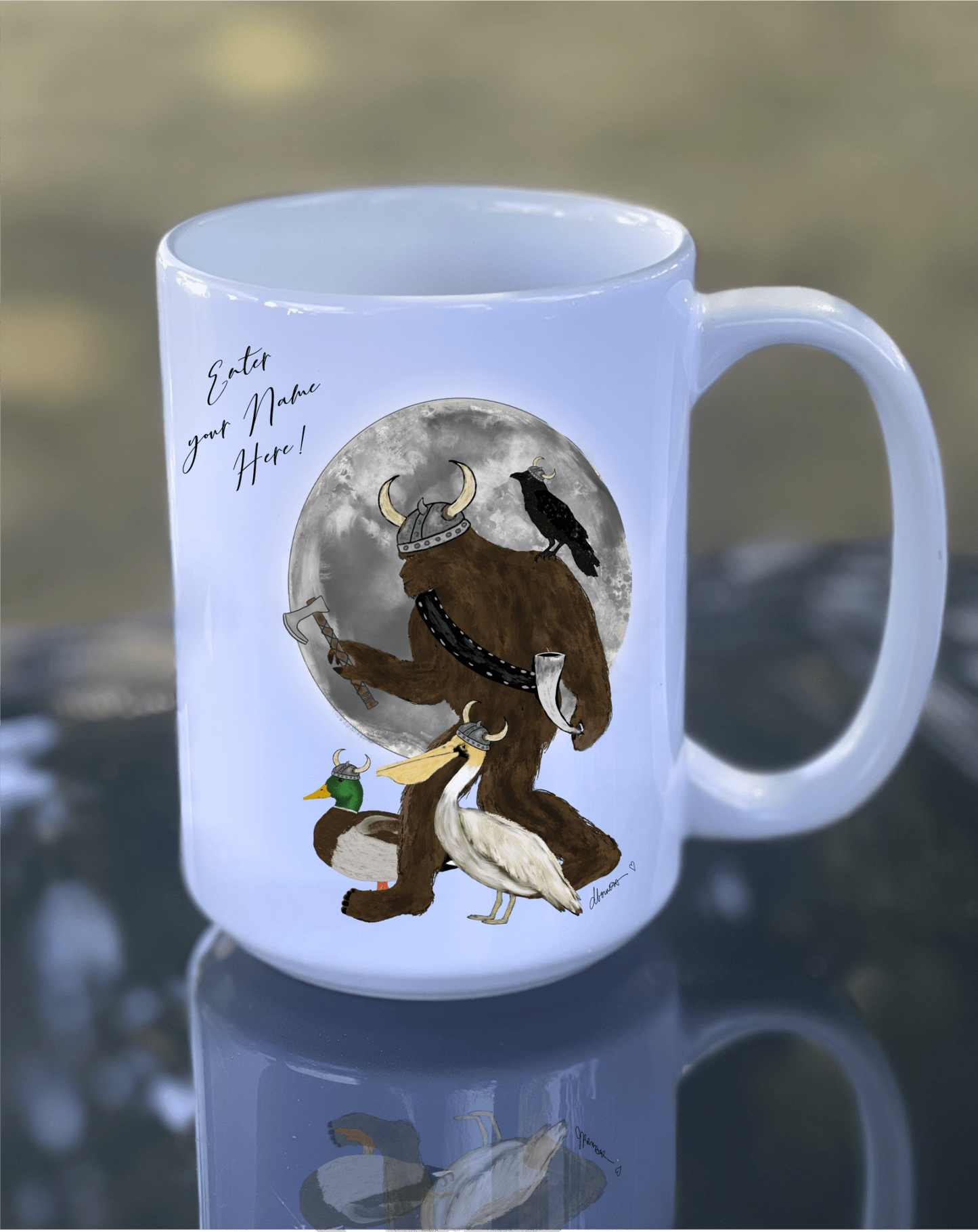 Viking Legend Gang Full Moon Coffee Mug – 15 oz Ceramic Bigfoot, Crow, Pelican & Mallard Cup - Squirrellyartmama