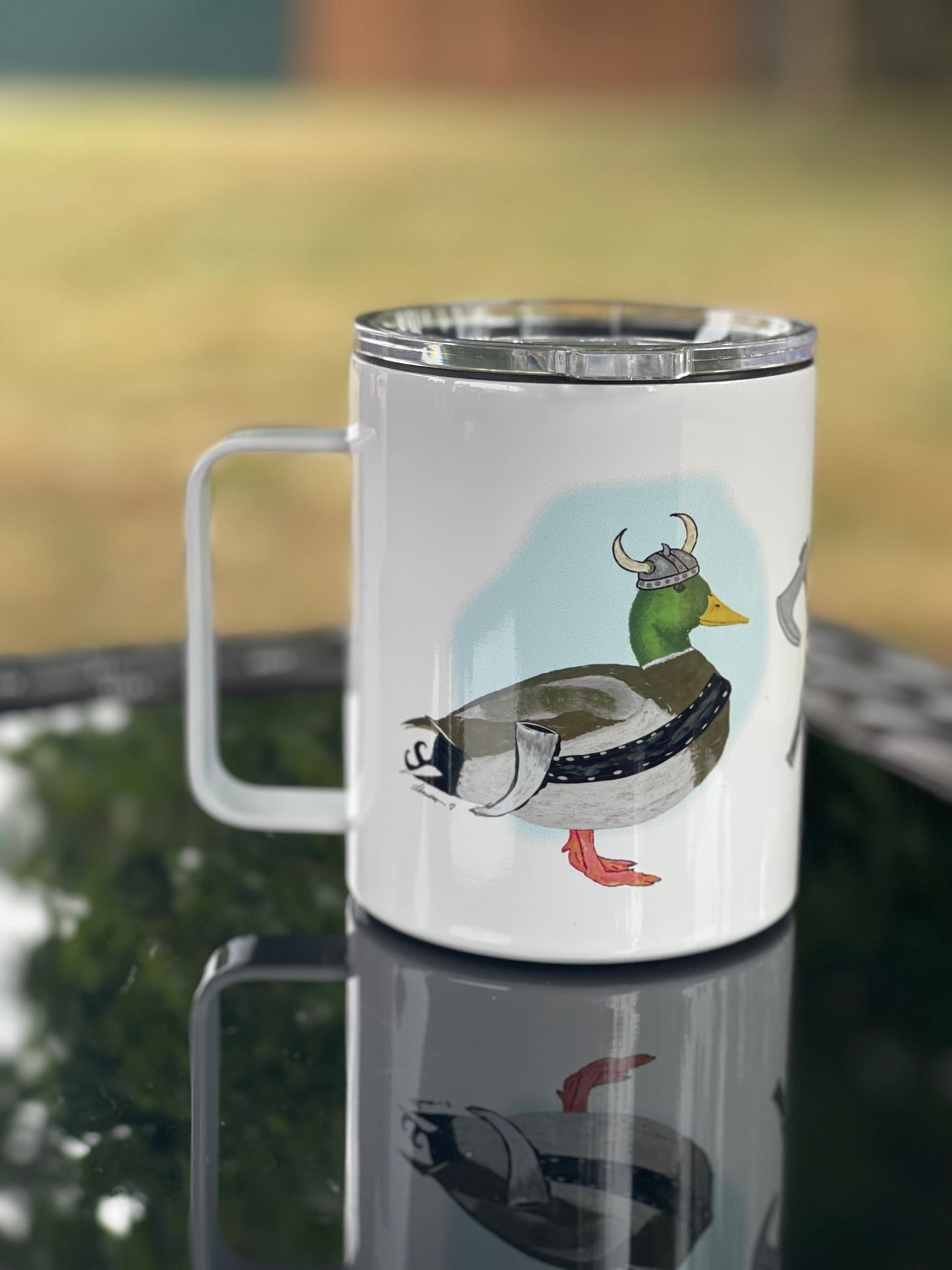 Viking Mallard Duck Camp Mug – 12 oz Aluminum Camping Mug with Splash - Proof Lid - Squirrellyartmama