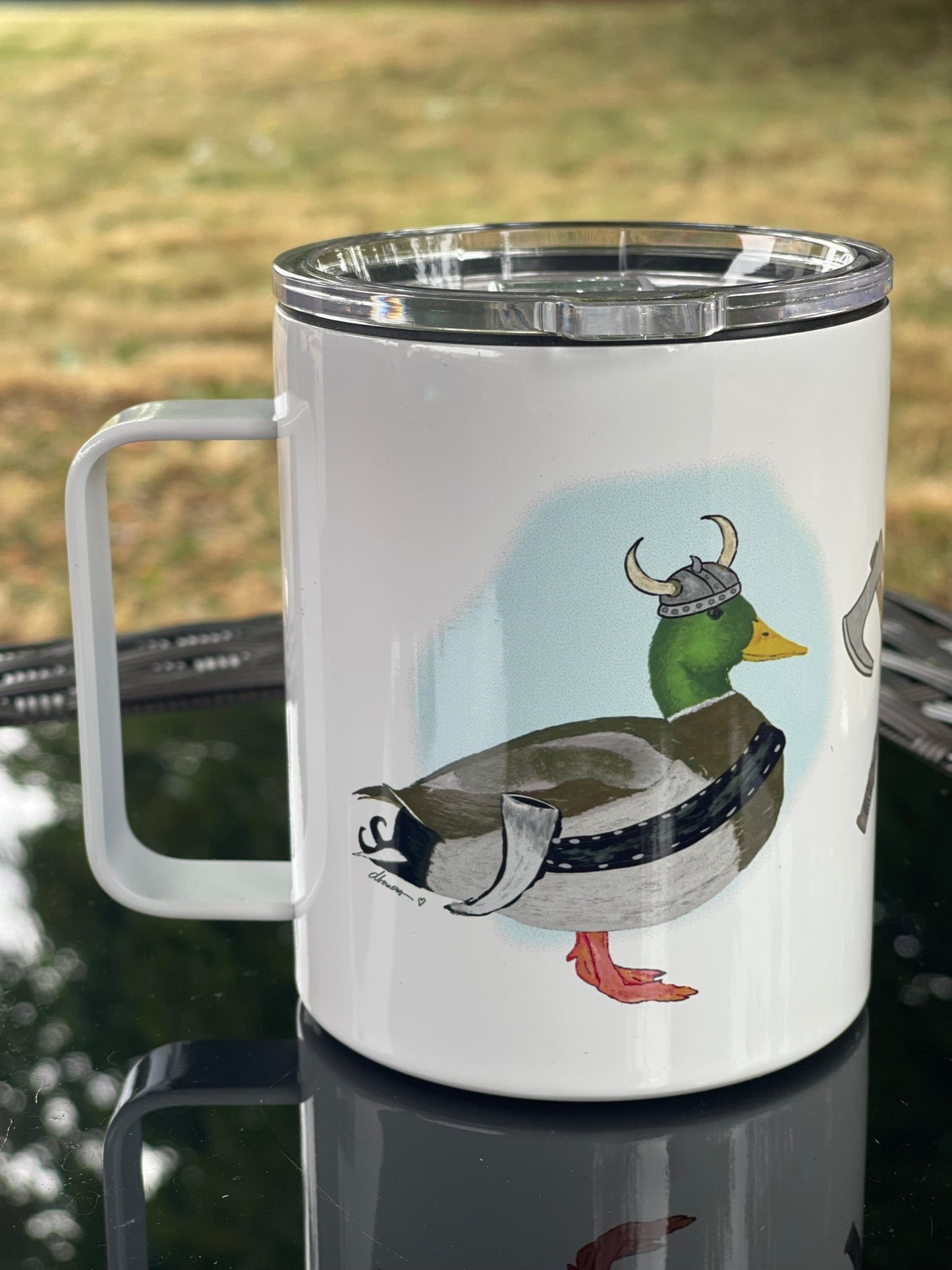 Viking Mallard Duck Camp Mug – 12 oz Aluminum Camping Mug with Splash - Proof Lid - Squirrellyartmama