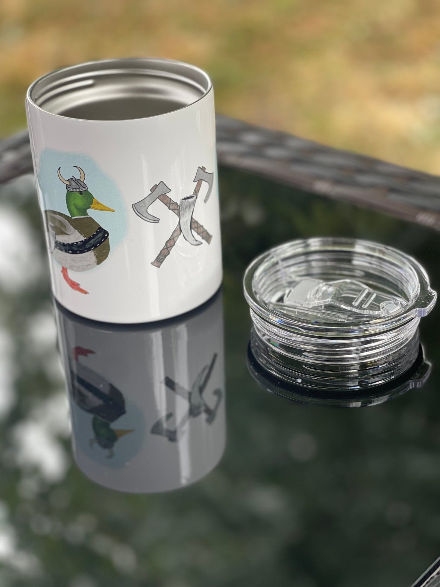 Viking Mallard Duck Camp Mug – 12 oz Aluminum Camping Mug with Splash - Proof Lid - Squirrellyartmama