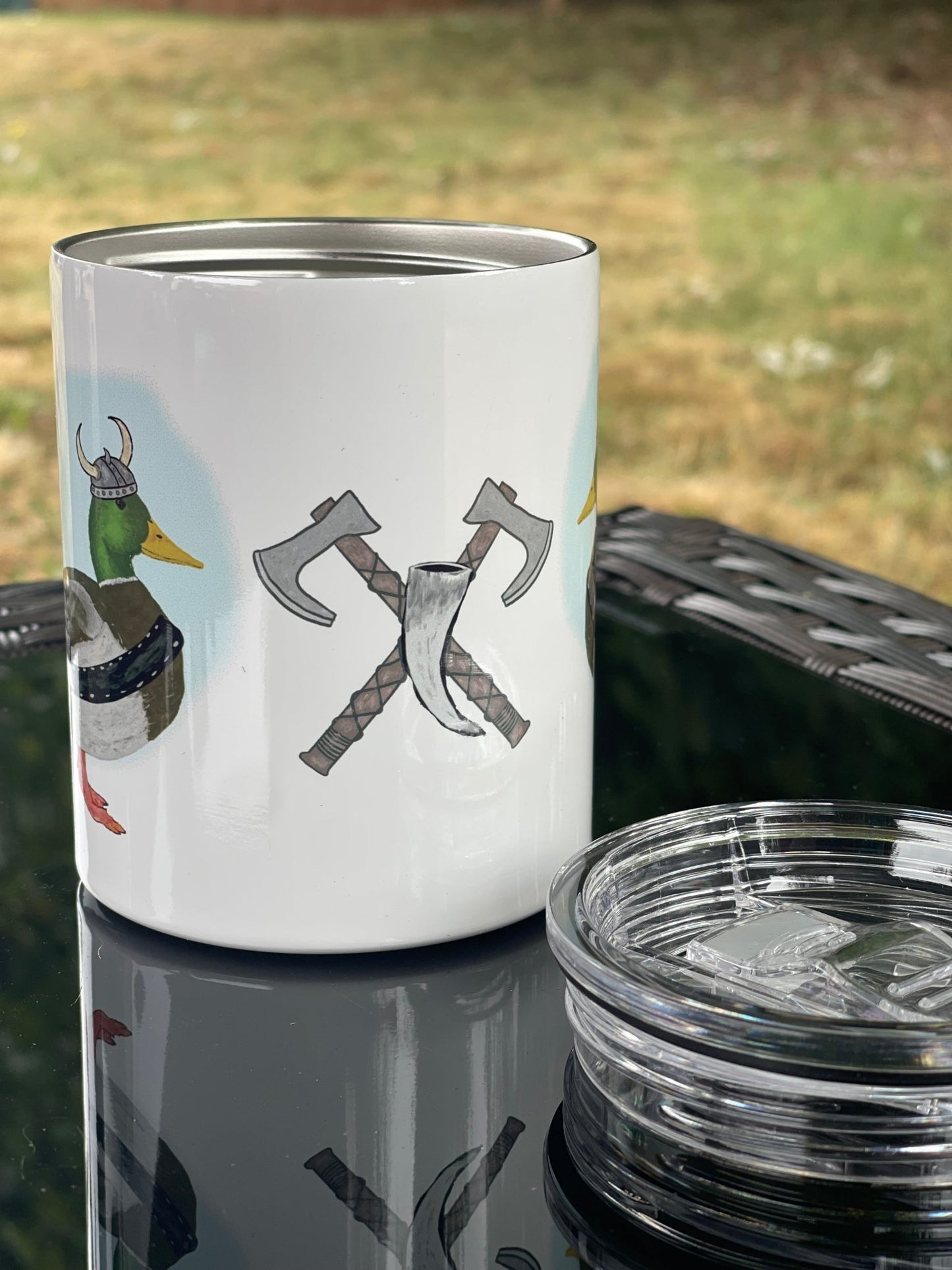Viking Mallard Duck Camp Mug – 12 oz Aluminum Camping Mug with Splash - Proof Lid - Squirrellyartmama
