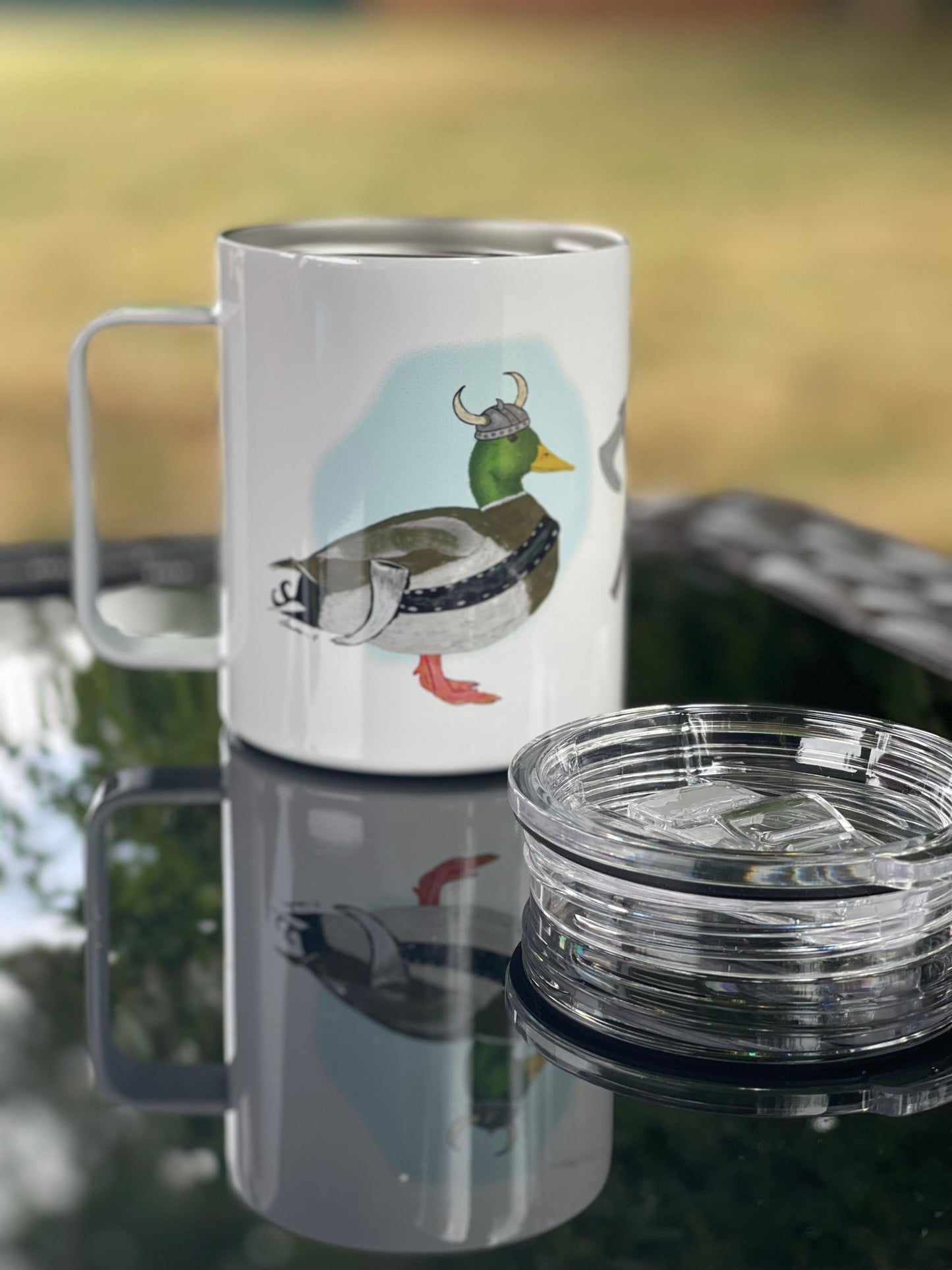 Viking Mallard Duck Camp Mug – 12 oz Aluminum Camping Mug with Splash - Proof Lid - Squirrellyartmama