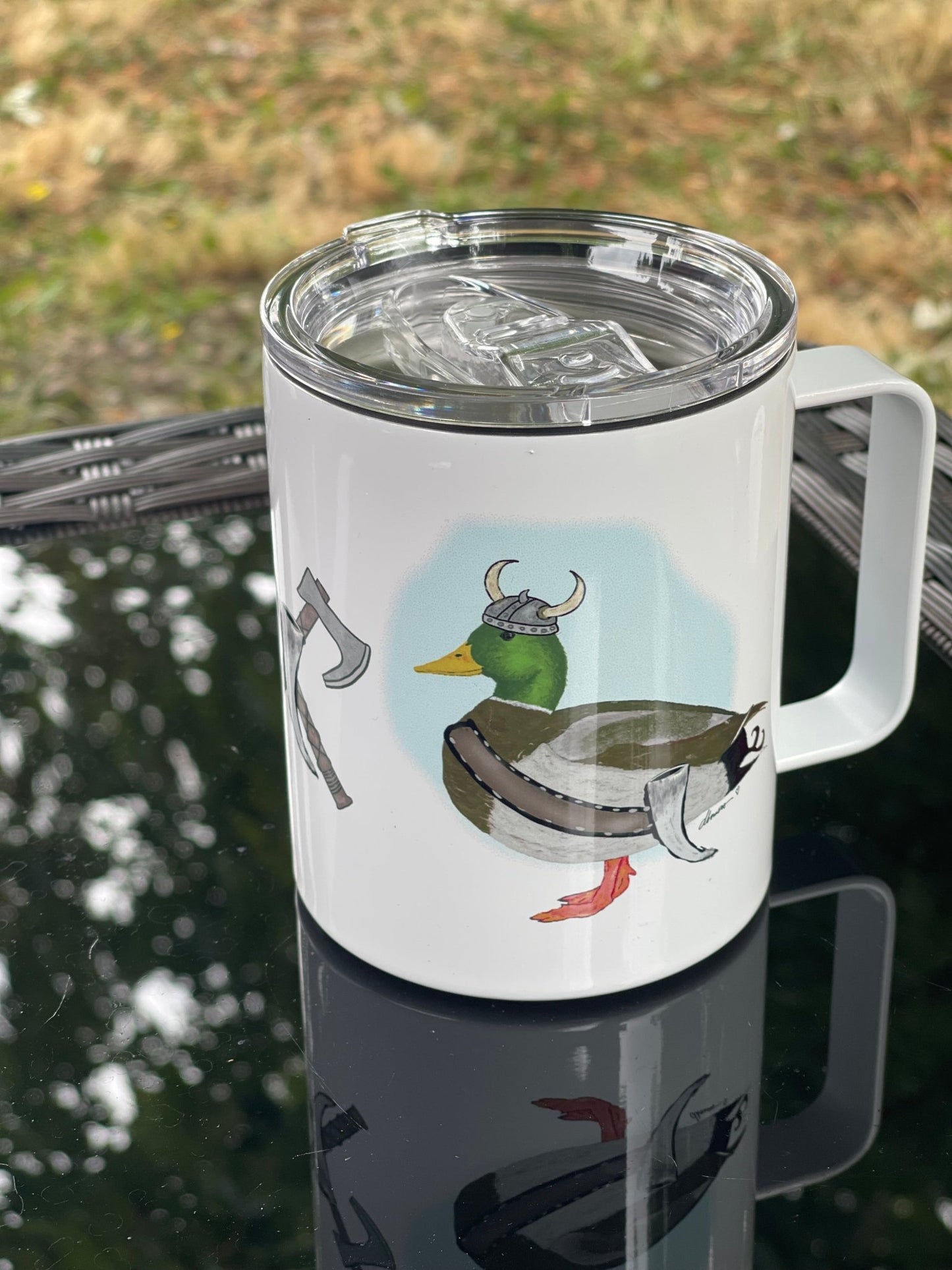 Viking Mallard Duck Camp Mug – 12 oz Aluminum Camping Mug with Splash - Proof Lid - Squirrellyartmama