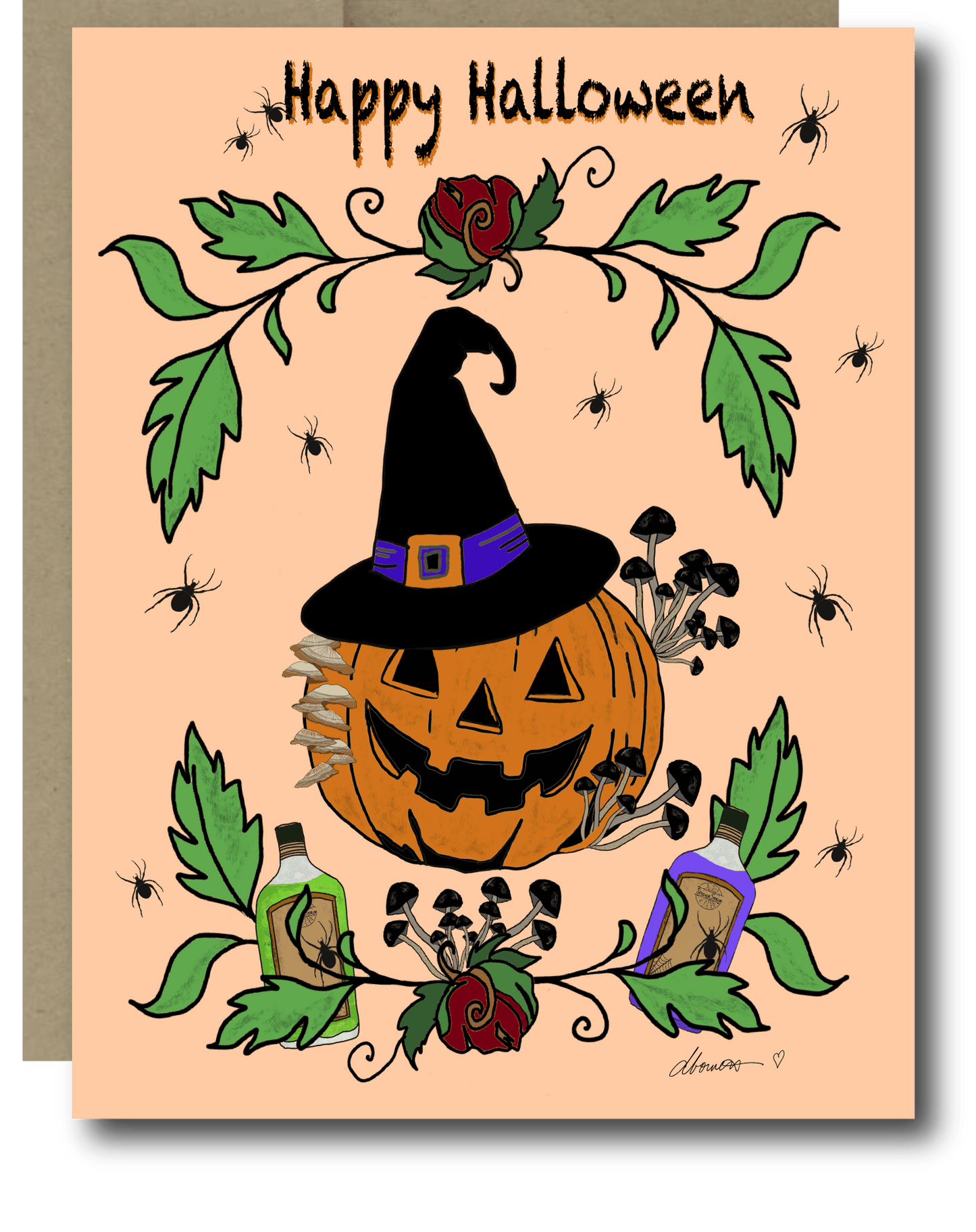 Witchy Elixir Halloween Card – A2 Halloween Greeting Card with Pumpkin, Spiders, Mushrooms, and Potion Bottles – Spooky Cute Card - Squirrellyartmama