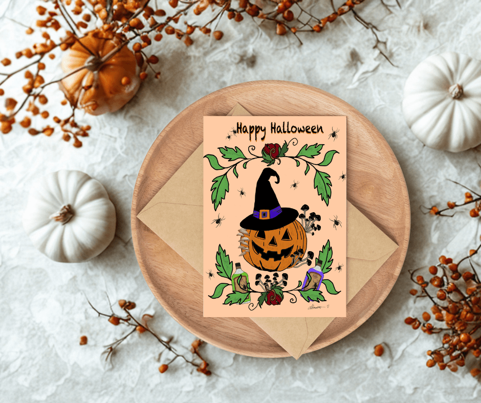 Witchy Elixir Halloween Card – A2 Halloween Greeting Card with Pumpkin, Spiders, Mushrooms, and Potion Bottles – Spooky Cute Card - Squirrellyartmama