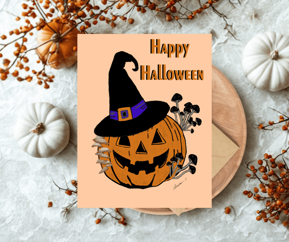 Witchy Pumpkin Halloween Card – A2 Greeting Card with Jack - O' - Lantern, Witch Hat, and Mushrooms – Spooky Cute Fall Card– Blank Inside Greeting Card (Copy) - Squirrellyartmama