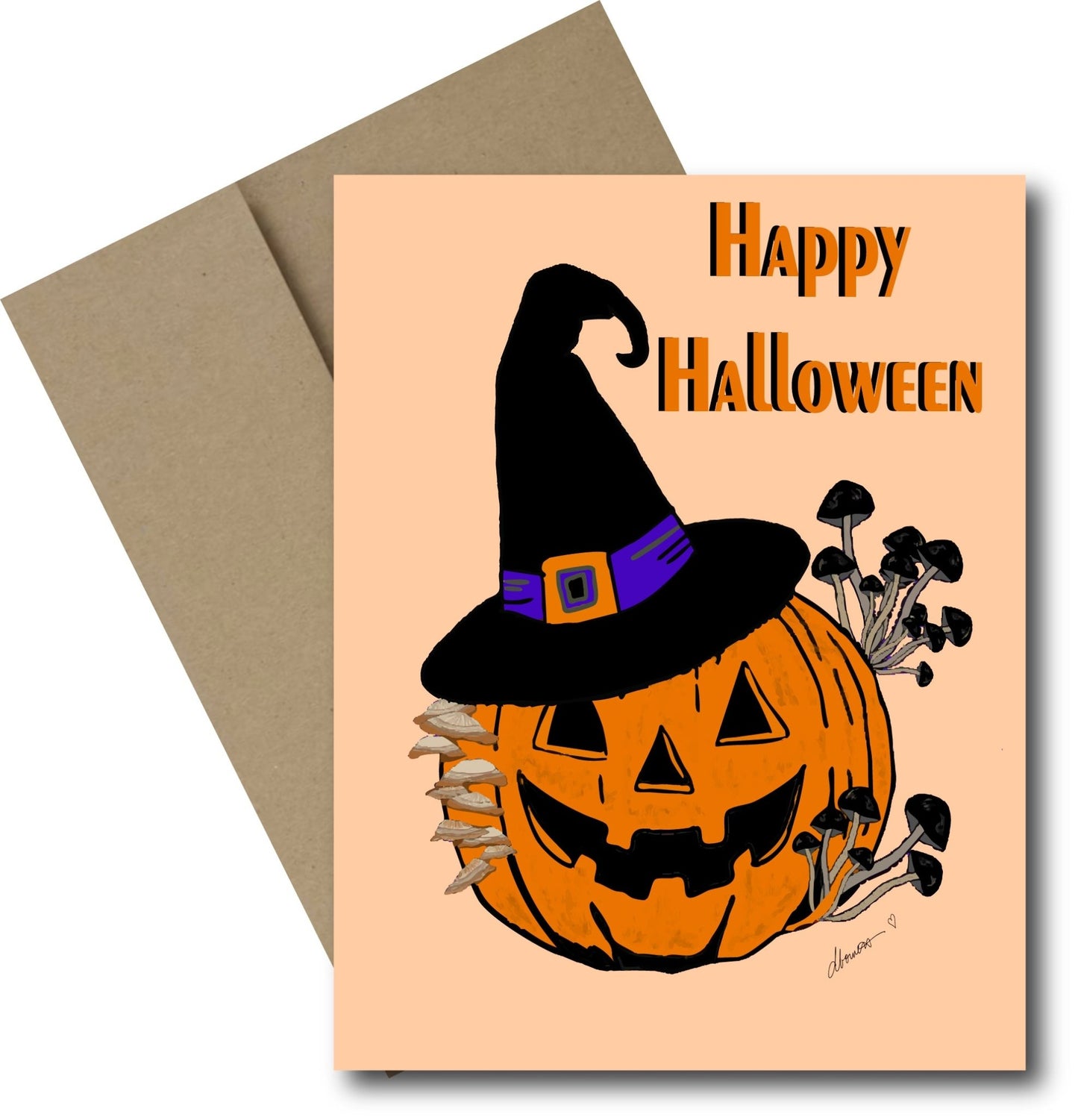 Witchy Pumpkin Halloween Card – A2 Greeting Card with Jack - O' - Lantern, Witch Hat, and Mushrooms – Spooky Cute Fall Card– Blank Inside Greeting Card (Copy) - Squirrellyartmama