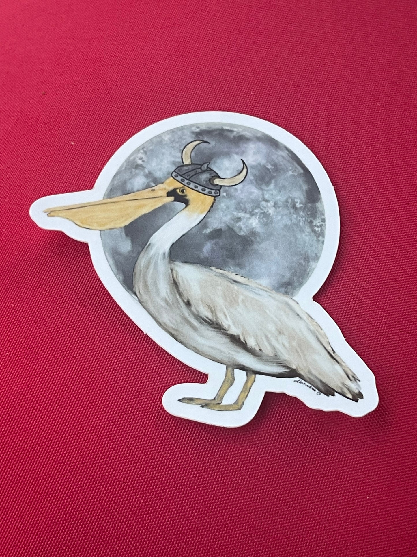 Viking Pelican Full Moon Sticker – Whimsical Bird Vinyl Decal, Nordic Fantasy Animal Art