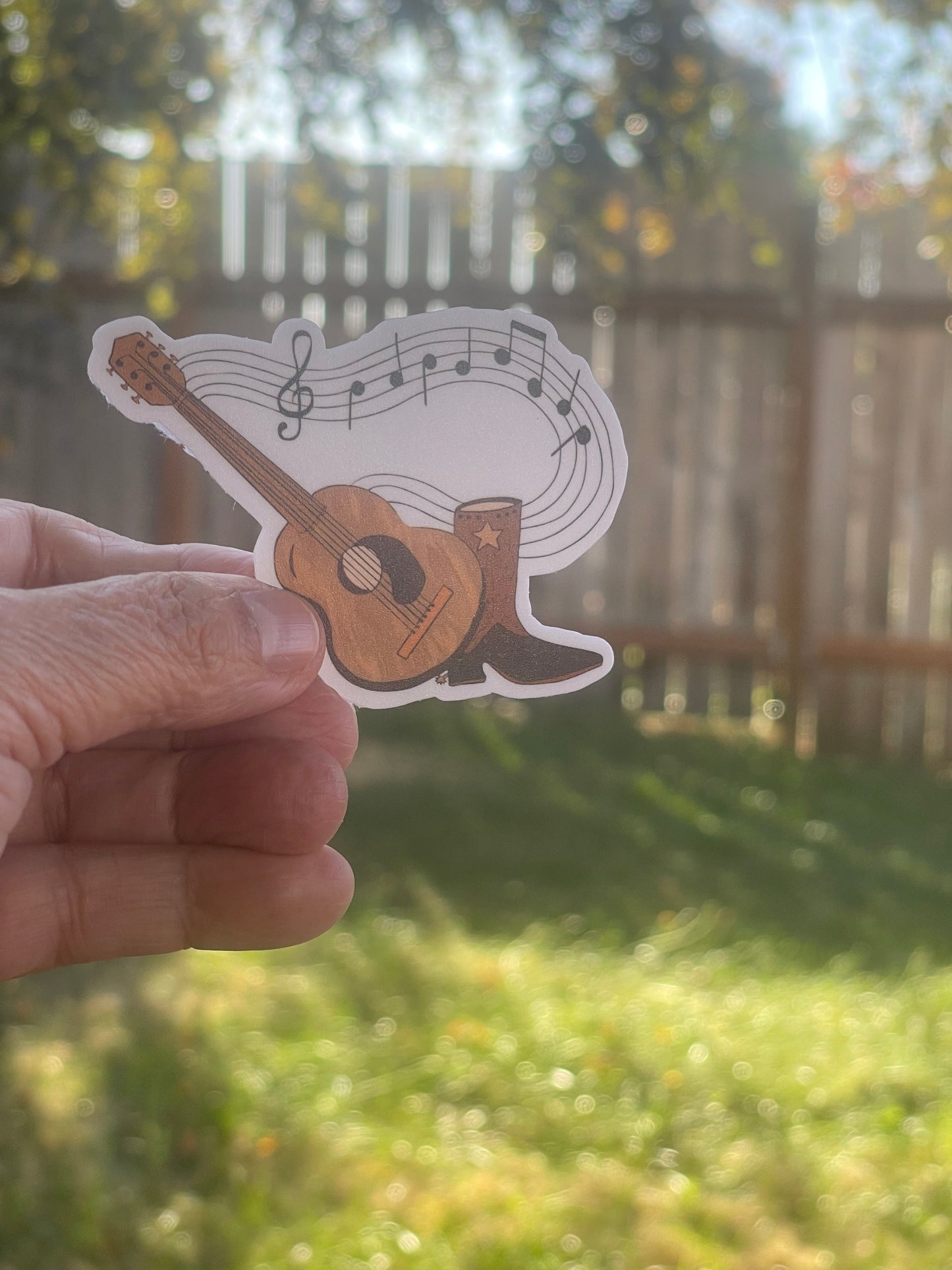 Country Guitar & Cowboy Boot Sticker – Music Notes Design