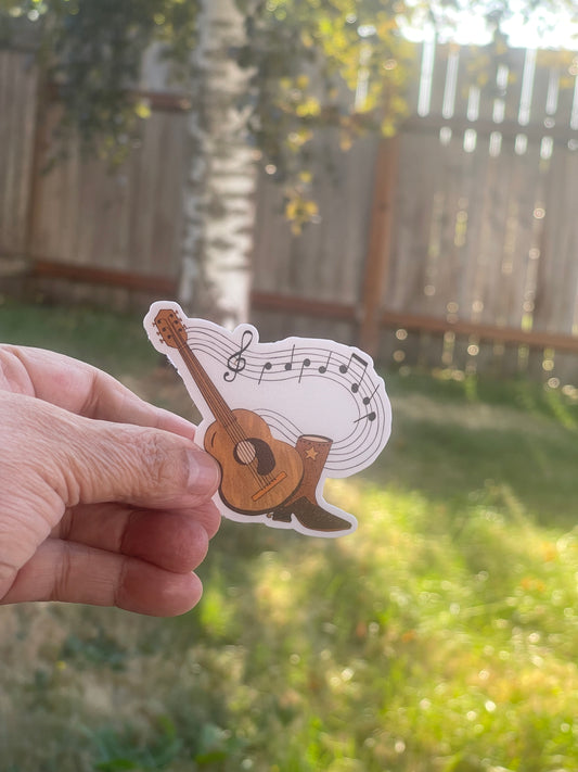Country Guitar & Cowboy Boot Sticker – Music Notes Design