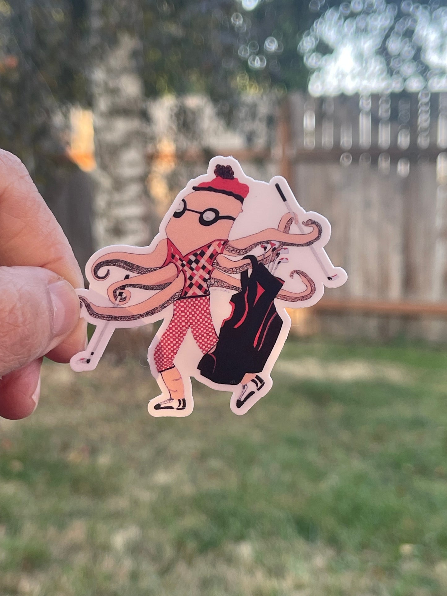 Octopus Golfer Sticker – Whimsical Red Checkered Golf Attire