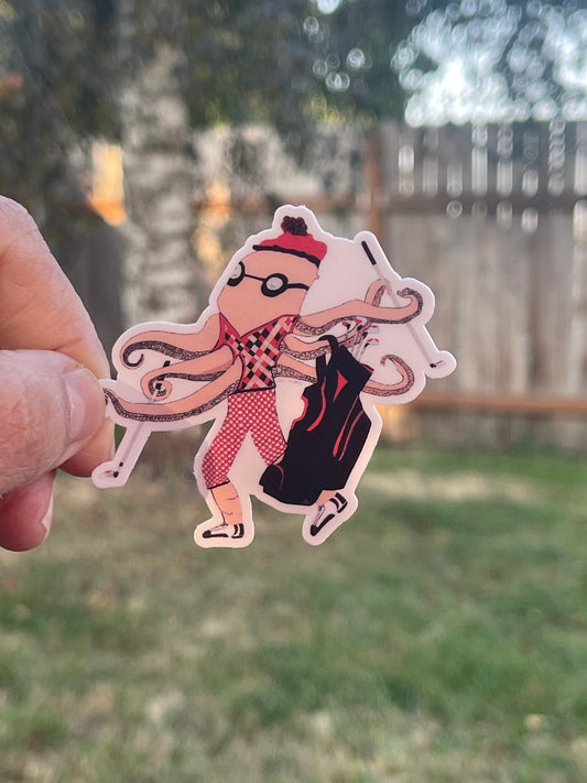 Octopus Golfer Sticker – Whimsical Red Checkered Golf Attire