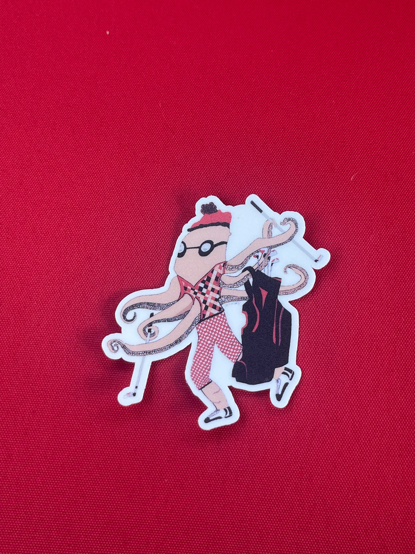 Octopus Golfer Sticker – Whimsical Red Checkered Golf Attire