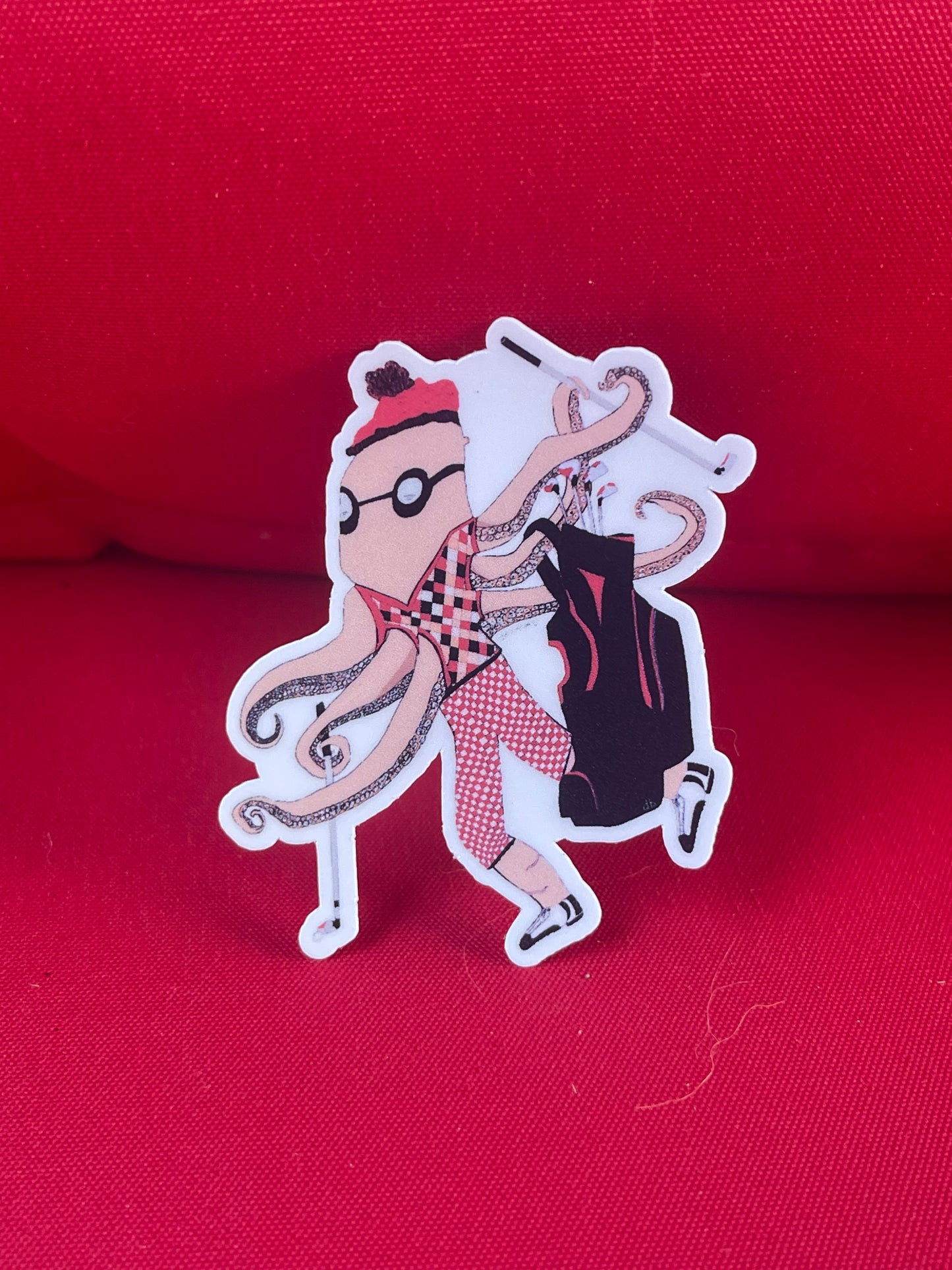 Octopus Golfer Sticker – Whimsical Red Checkered Golf Attire
