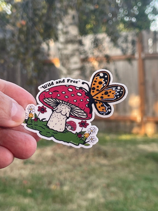 Wild and Free Sticker – Amanita Mushroom with Monarch Butterfly