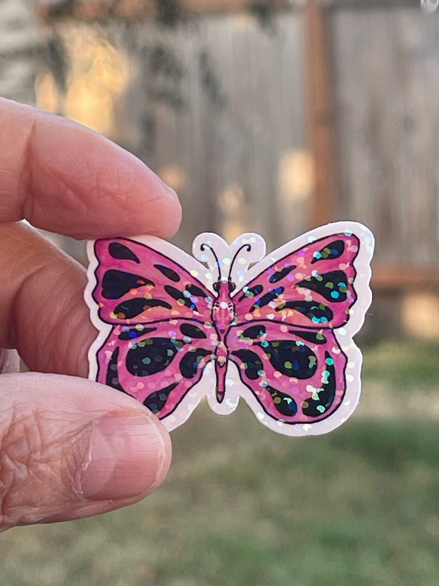 Pink Glittery Iridescent Butterfly Die Cut Sticker - Small Iridescent Pink Butterfly Vinyl Sticker