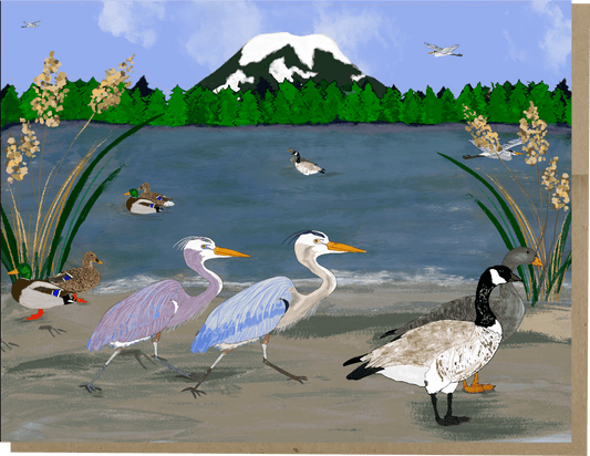 A day by the Lake Greeting Card - Blank Notecard Herons, Green Headed Mallards, and Canadian Geese - Squirrellyartmama