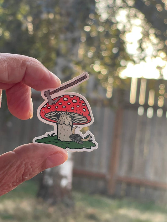 Amanita Mushroom Got Axed Sticker – Whimsical Forest Vinyl Decal - Color Crumbs Club