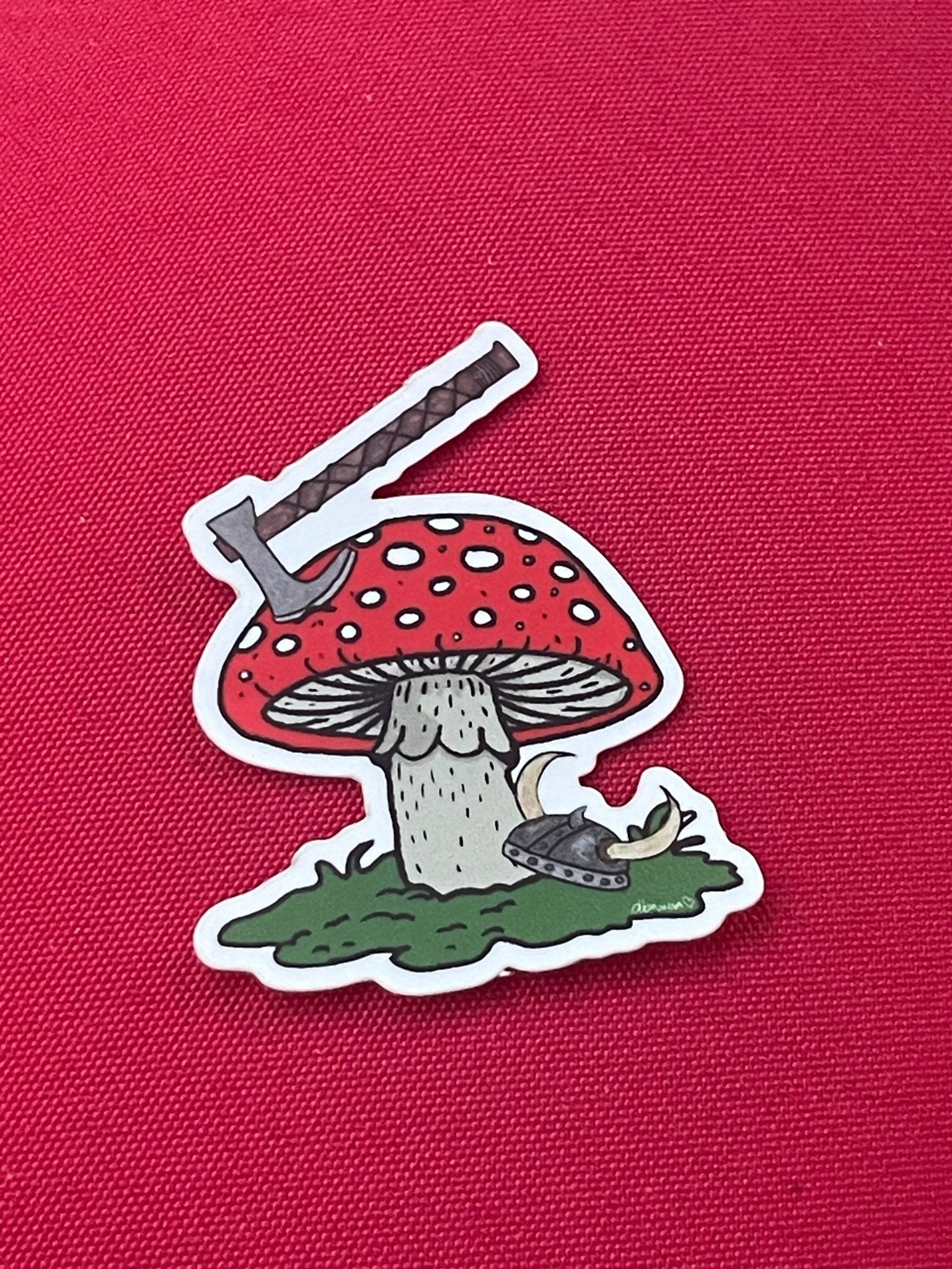 Amanita Mushroom Got Axed Sticker – Whimsical Forest Vinyl Decal - Color Crumbs Club
